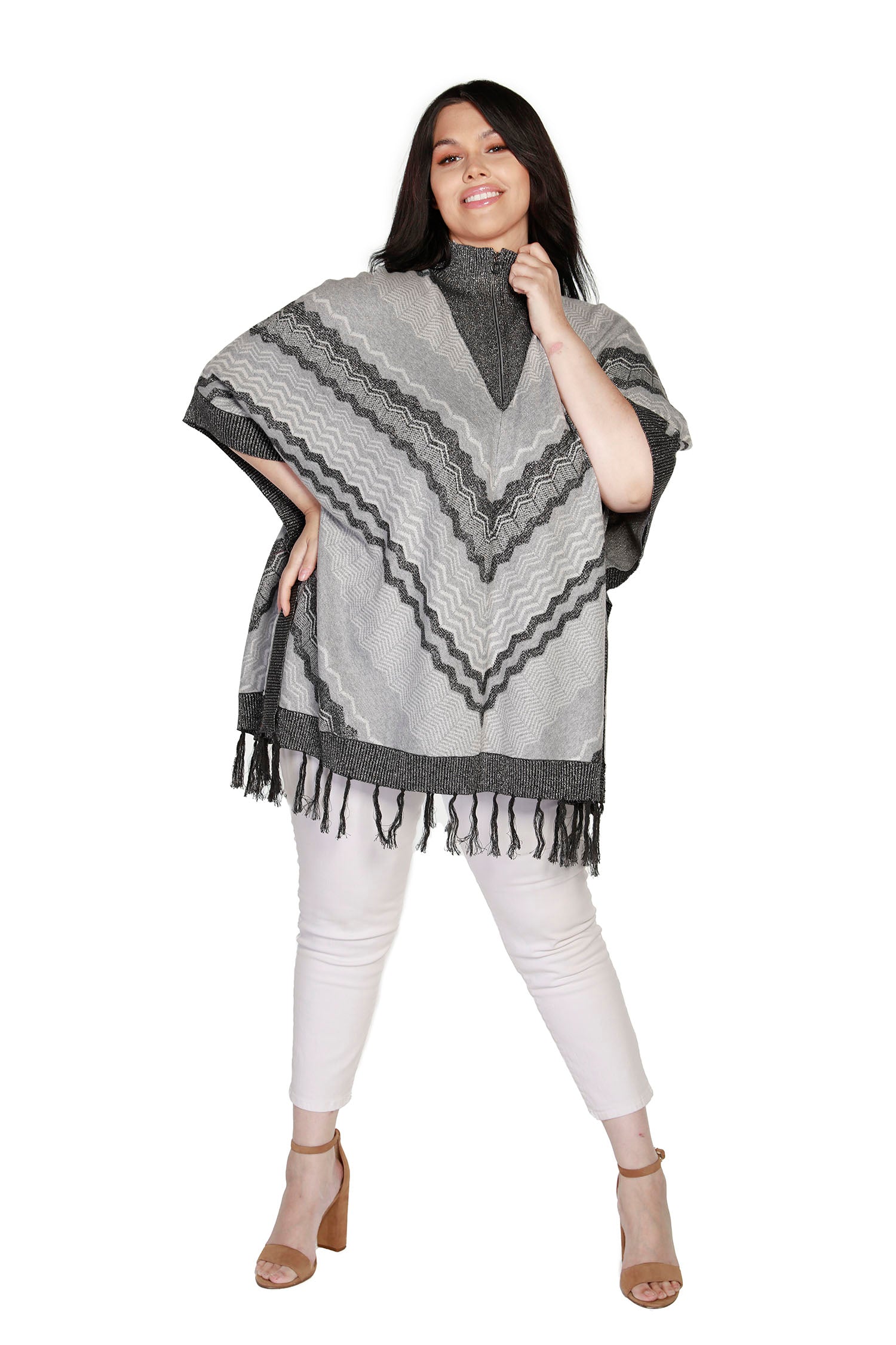 Women's Fashion Tunic Poncho with Lurex and Fringe | Curvy LAST CALL