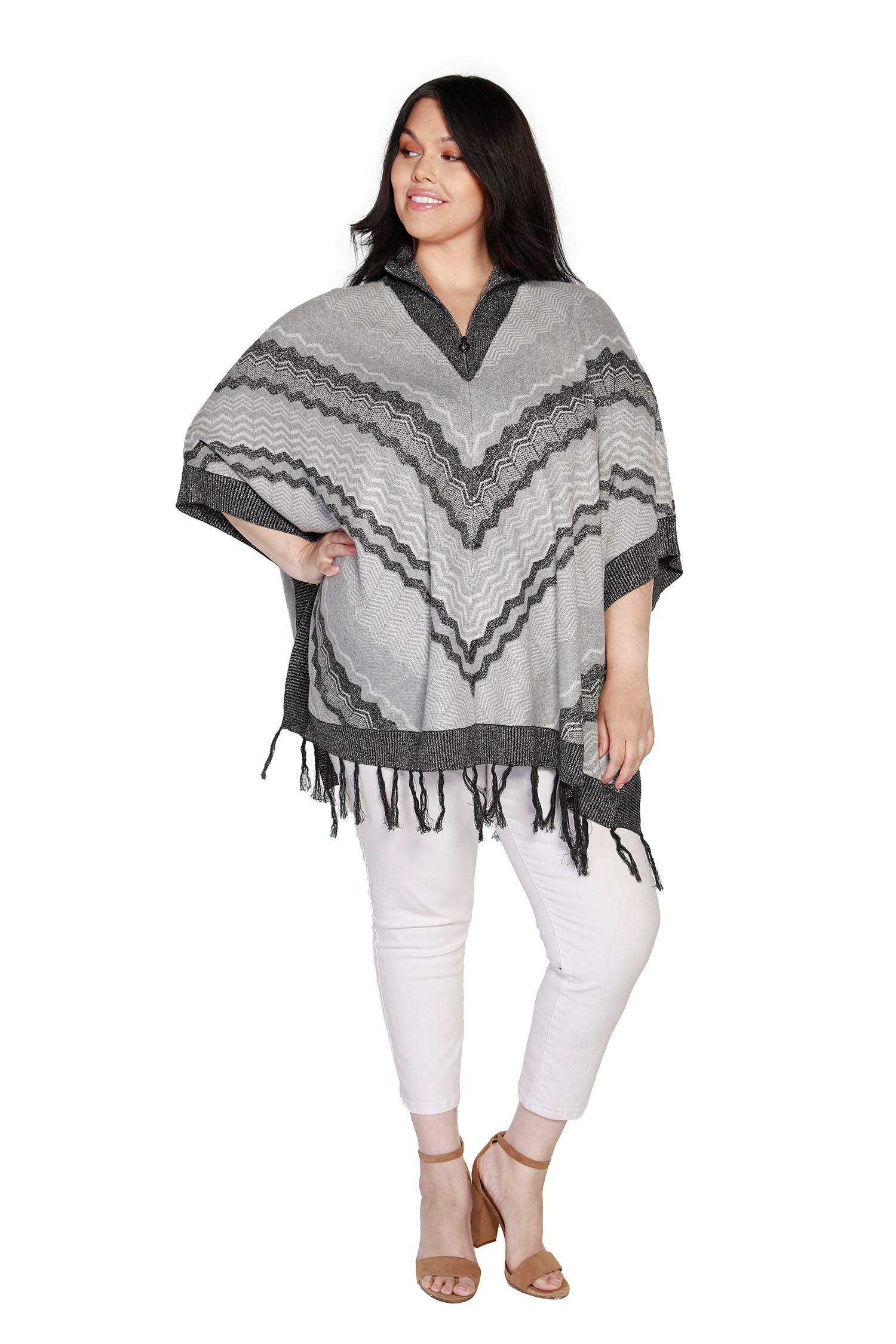 Women's Fashion Tunic Poncho with Lurex and Fringe | Curvy LAST CALL