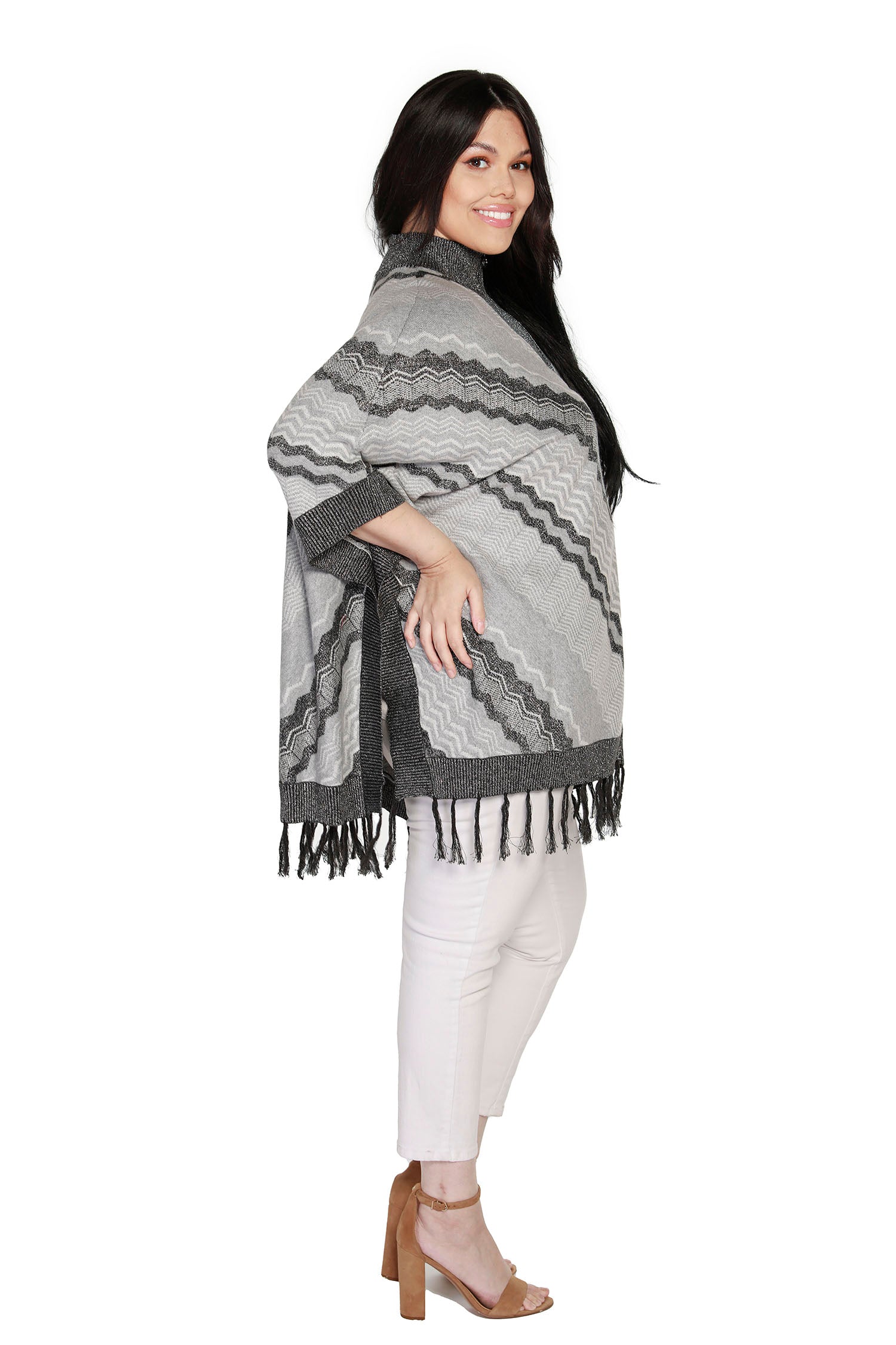 Women's Fashion Tunic Poncho with Lurex and Fringe | Curvy LAST CALL