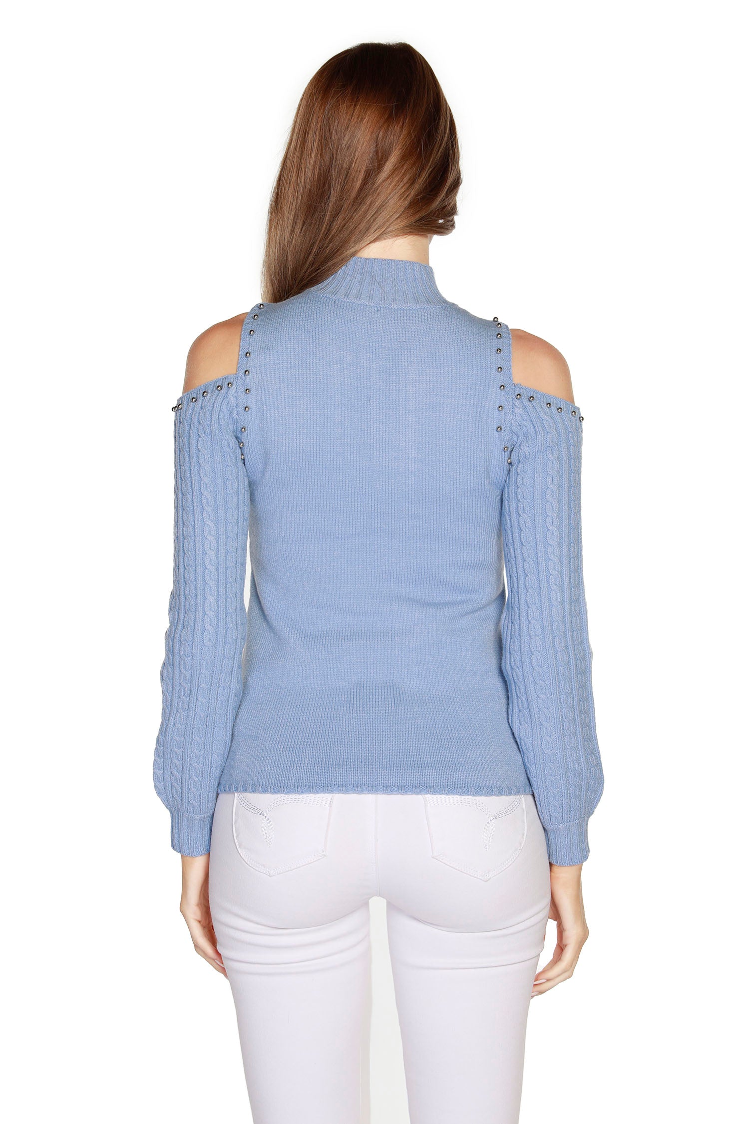 Women's Mock Neck Pullover Cold Shoulder Sweater - LAST CALL