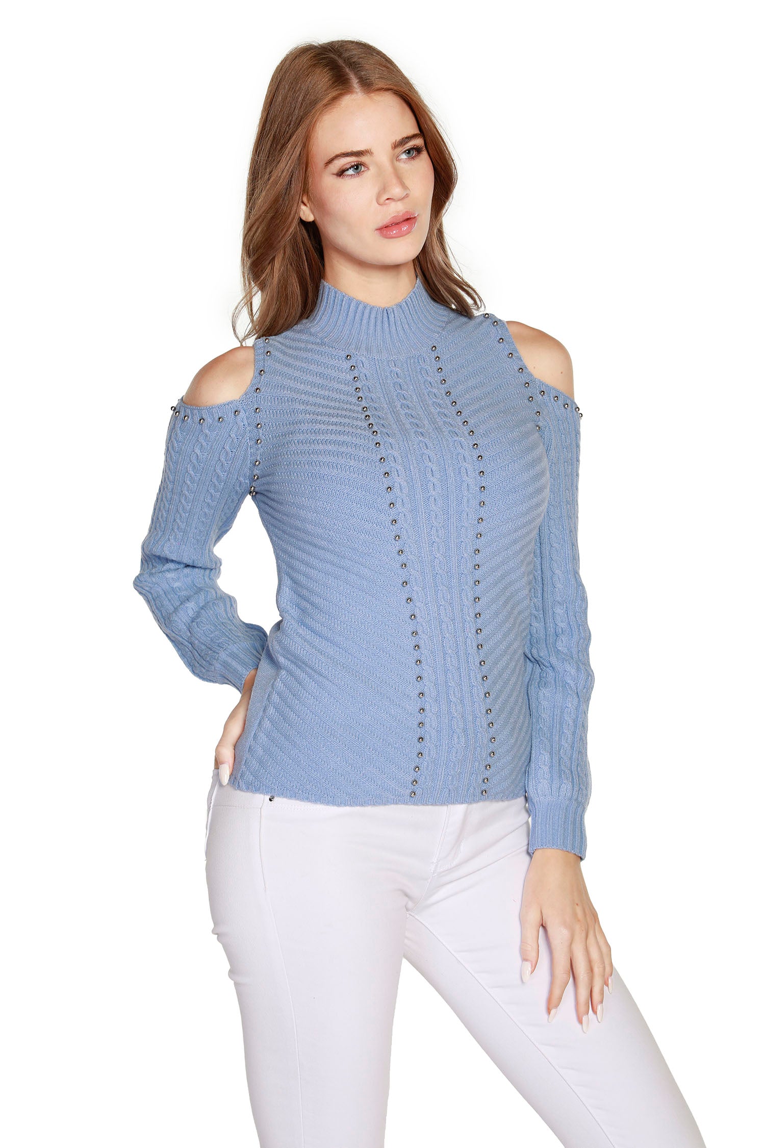 Women's Mock Neck Pullover Cold Shoulder Sweater - LAST CALL