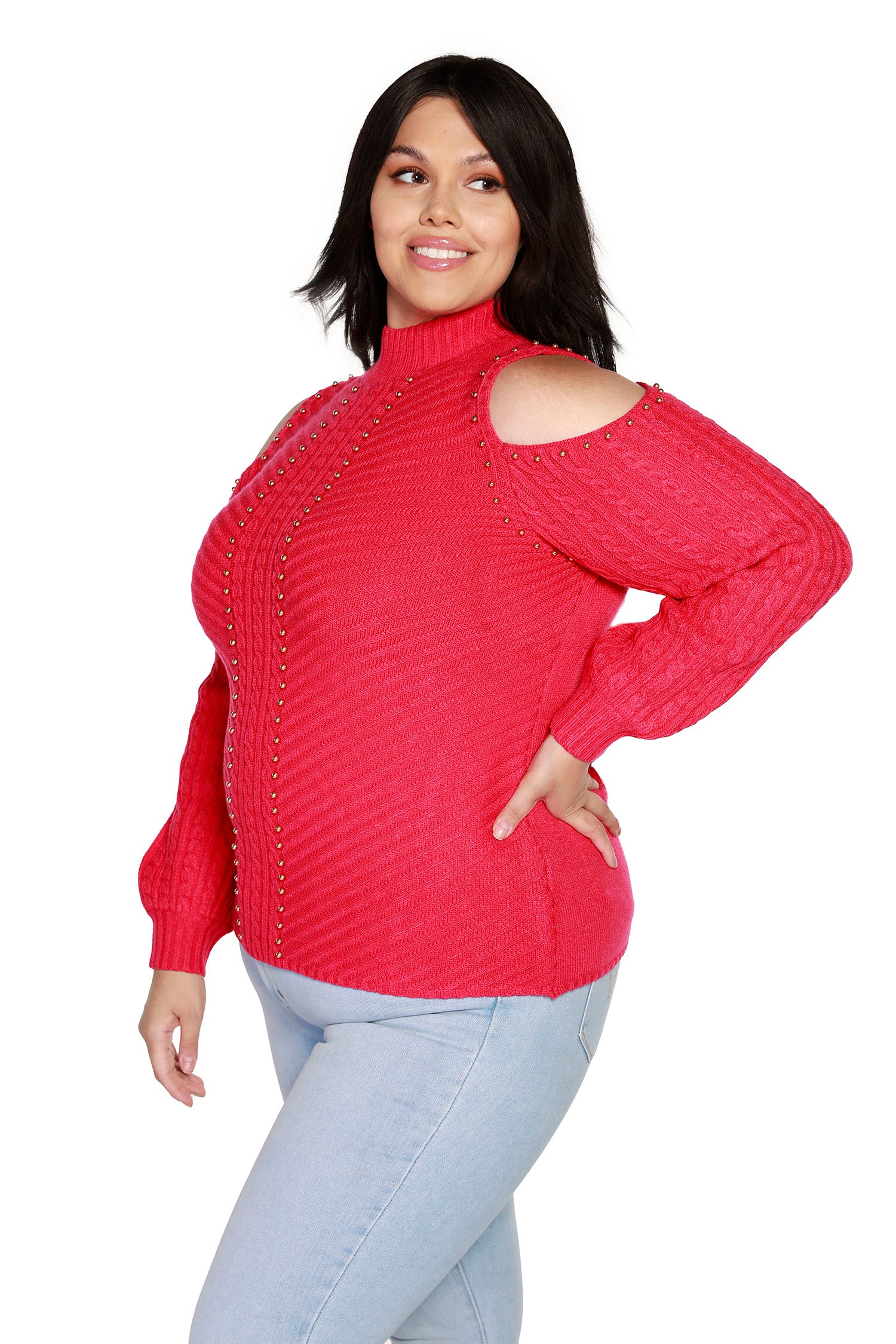 Women's Mock Neck Pullover Cold Shoulder Sweater | Curvy - LAST CALL