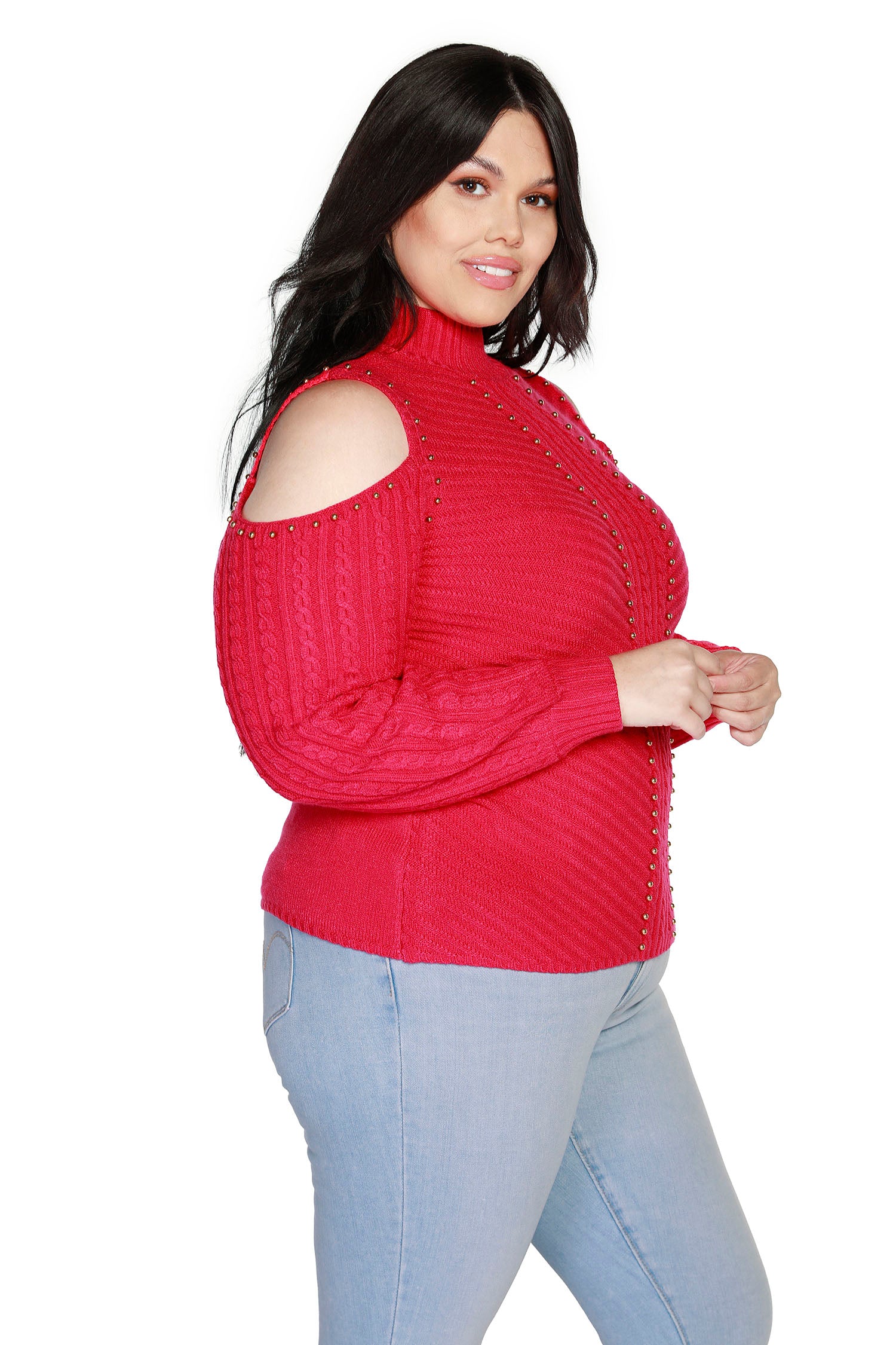 Women's Mock Neck Pullover Cold Shoulder Sweater | Curvy - LAST CALL