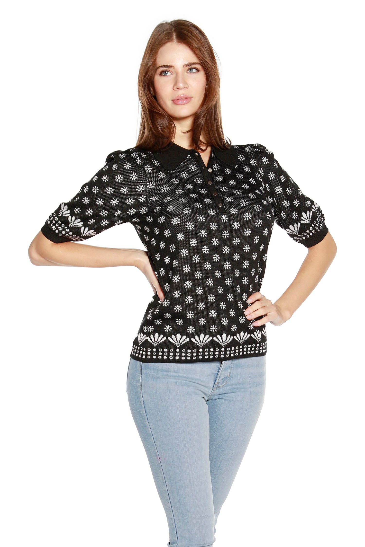Puff Short Sleeve Polo Sweater with Flowers and Rhinestone Detailing