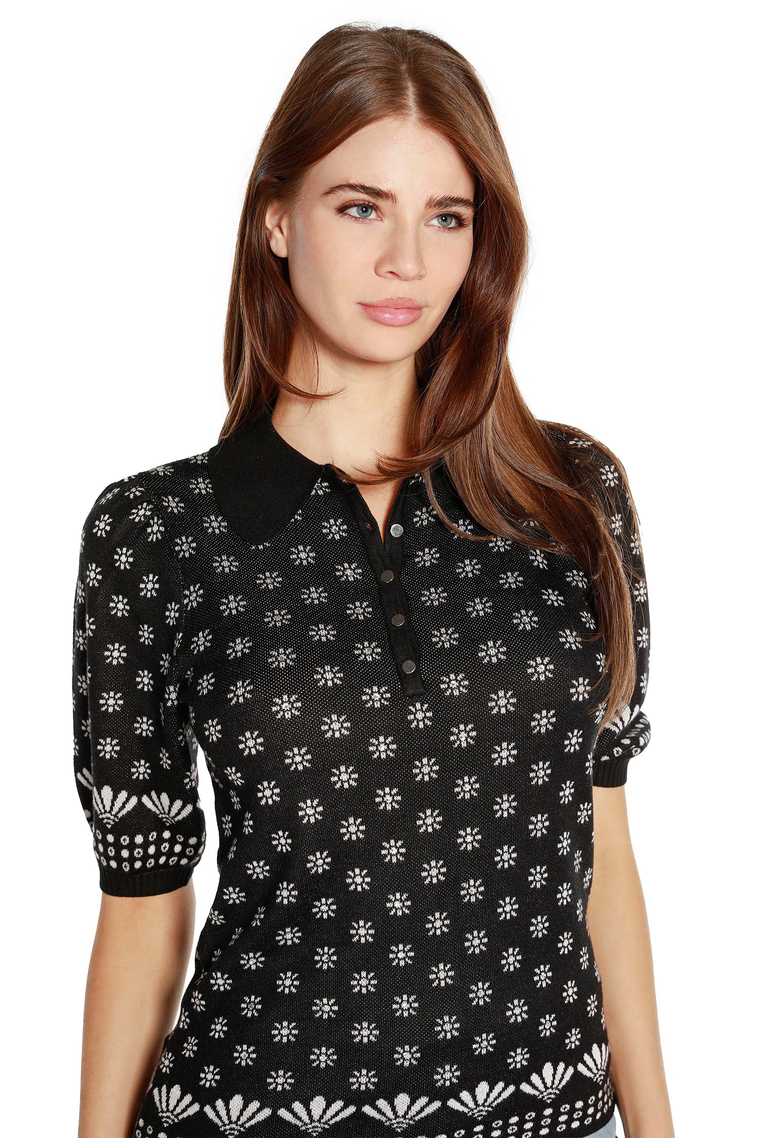 Puff Short Sleeve Polo Sweater with Flowers and Rhinestone Detailing