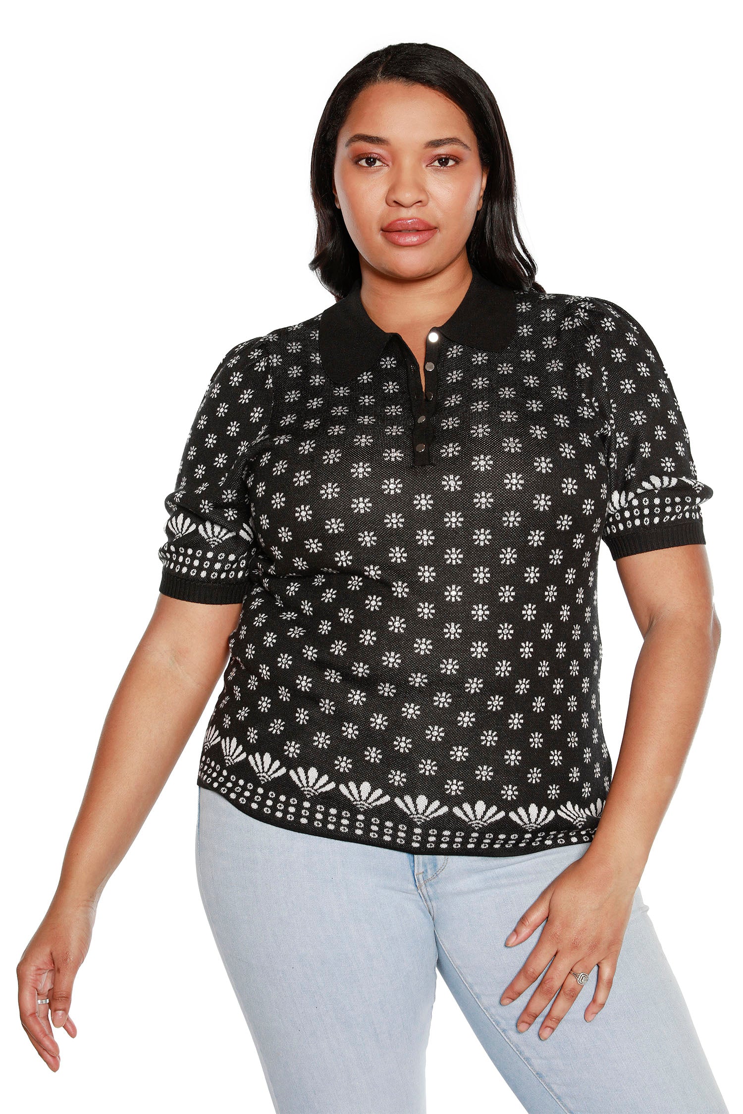 Puff Short Sleeve Polo Sweater with Flowers and Rhinestone Detailing | Curvy