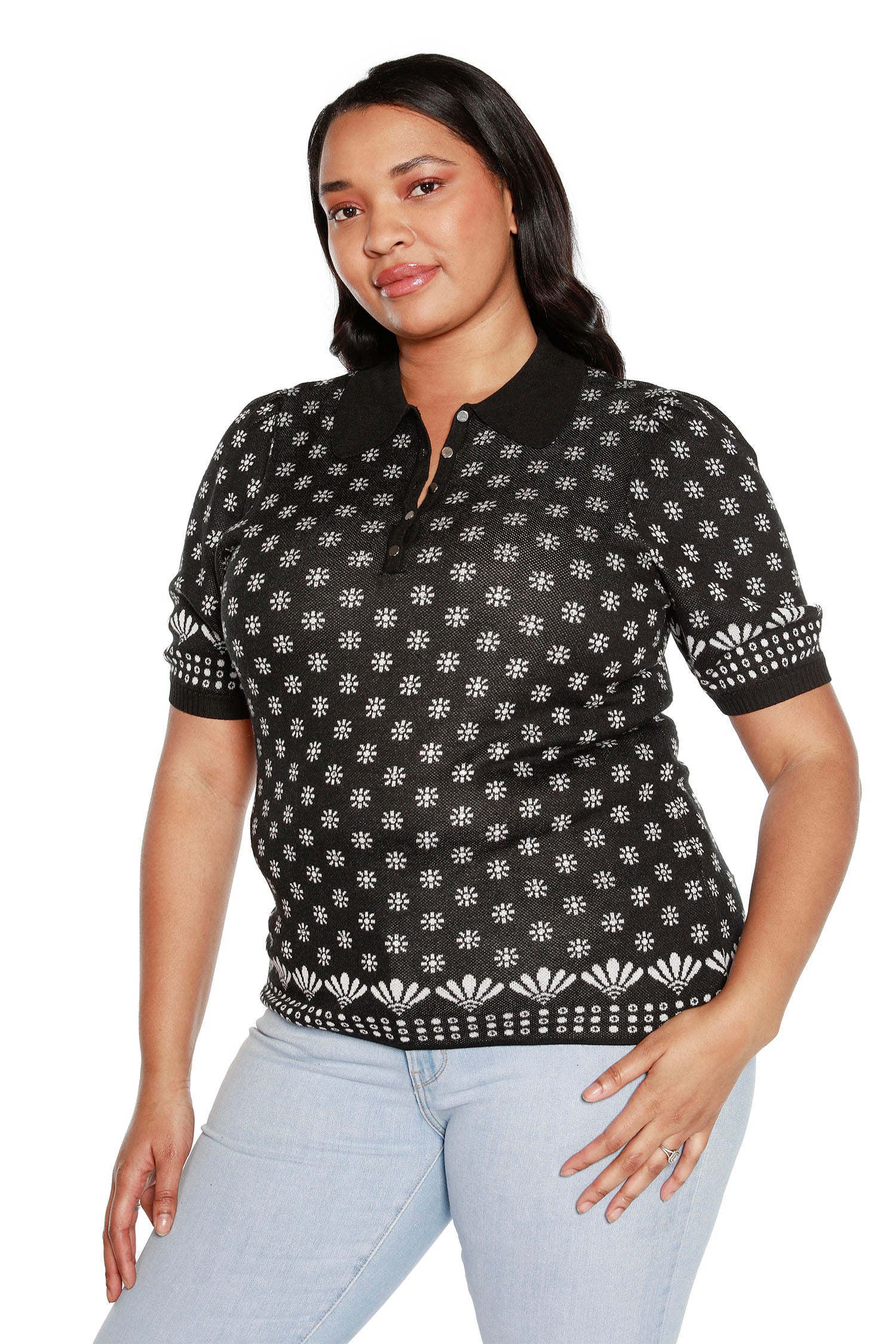 Puff Short Sleeve Polo Sweater with Flowers and Rhinestone Detailing | Curvy
