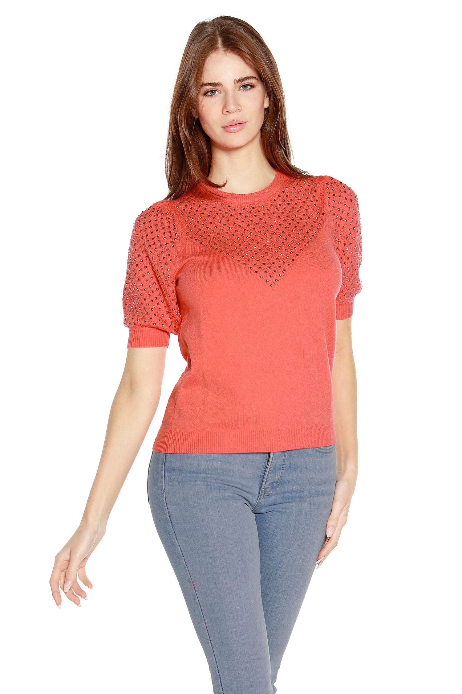 Women’s Rhinestone Embellished Sweater with Puff Sleeve