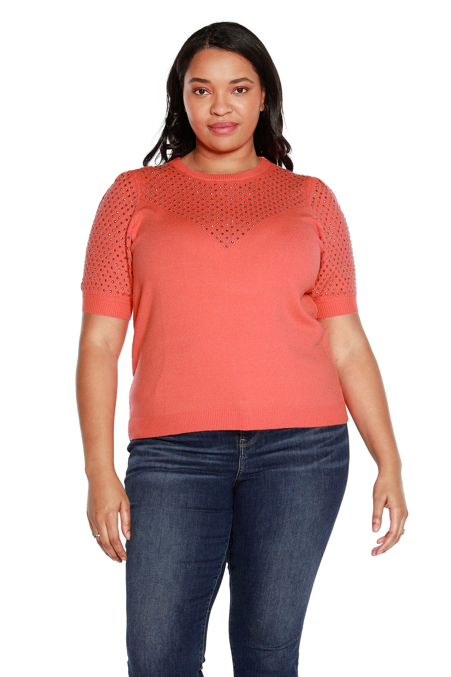 Women’s Rhinestone Embellished Sweater with Puff Sleeve | Curvy