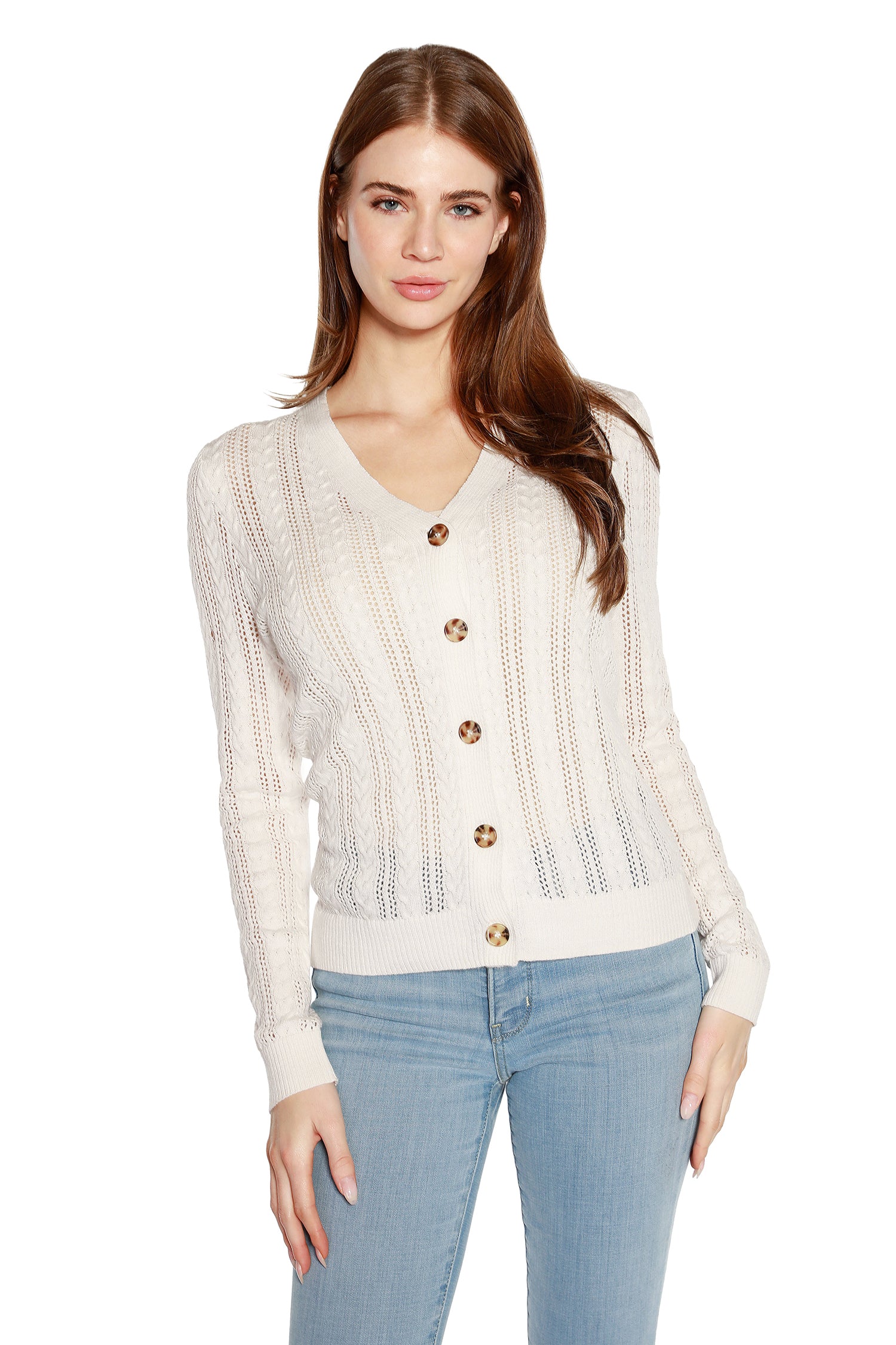 Women’s Lightweight Semi Sheer Cable Knit Button Front Cardigan