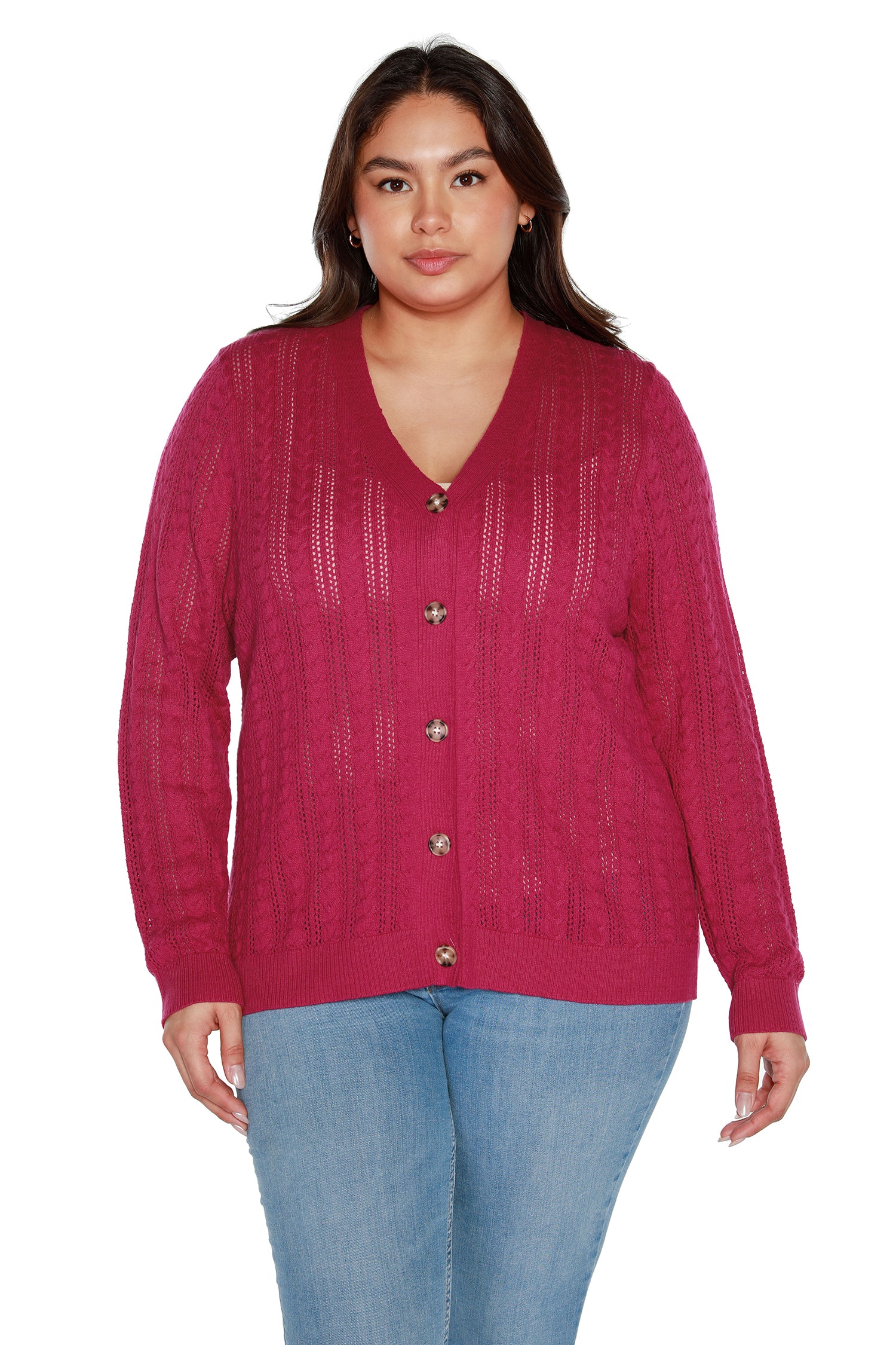 Women’s Lightweight Semi Sheer Cable Knit Button Front Cardigan | Curvy