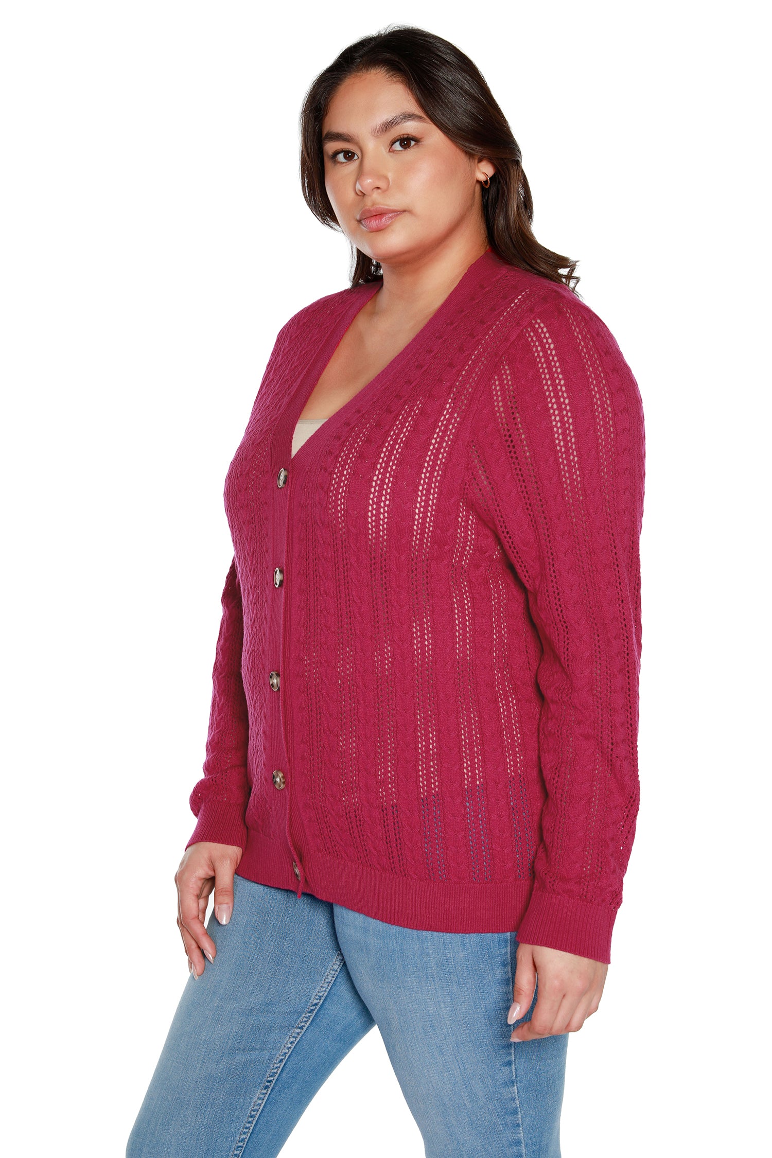 Women’s Lightweight Semi Sheer Cable Knit Button Front Cardigan | Curvy