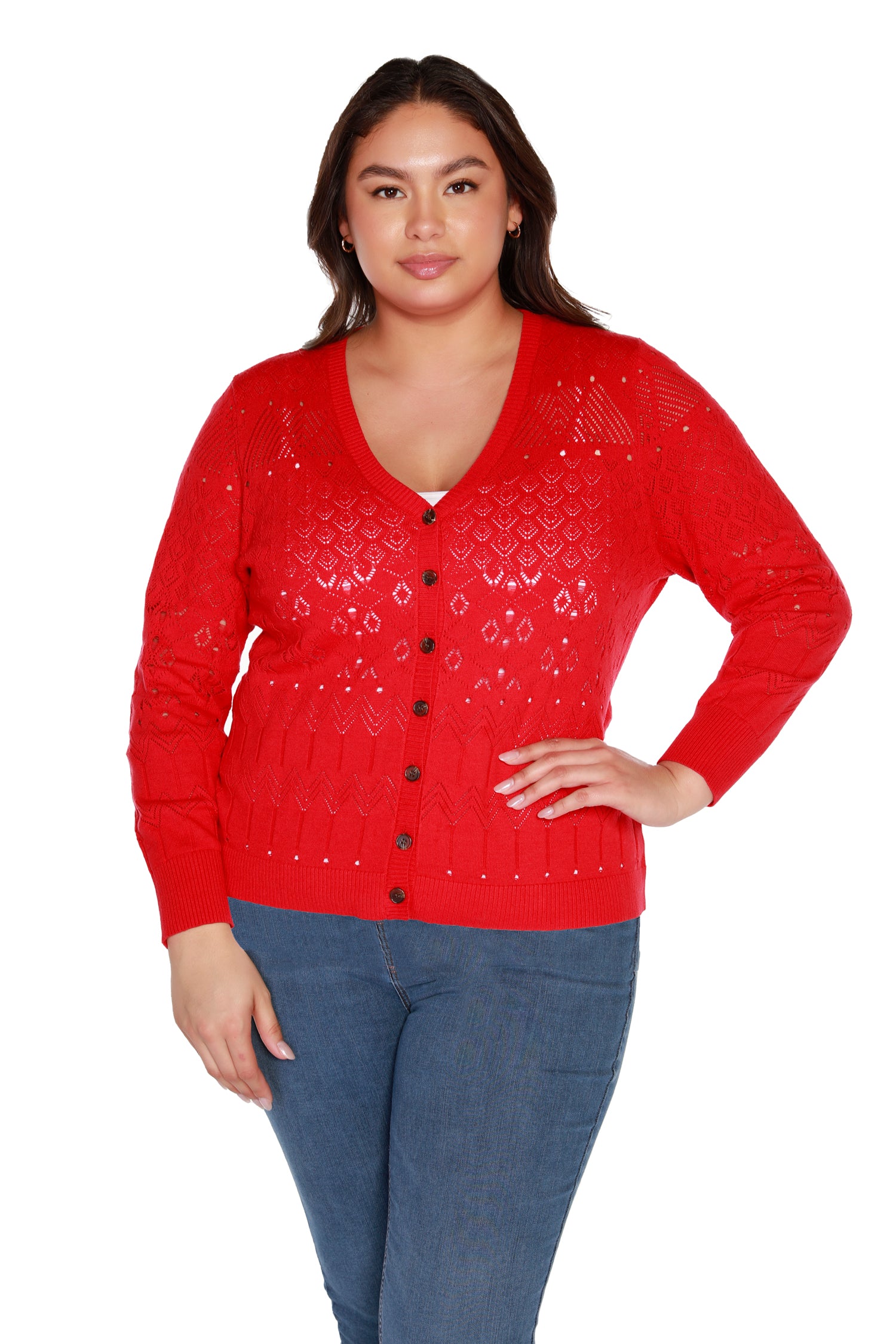 Women’s Button Front Pointelle Crochet Cardigan | Curvy