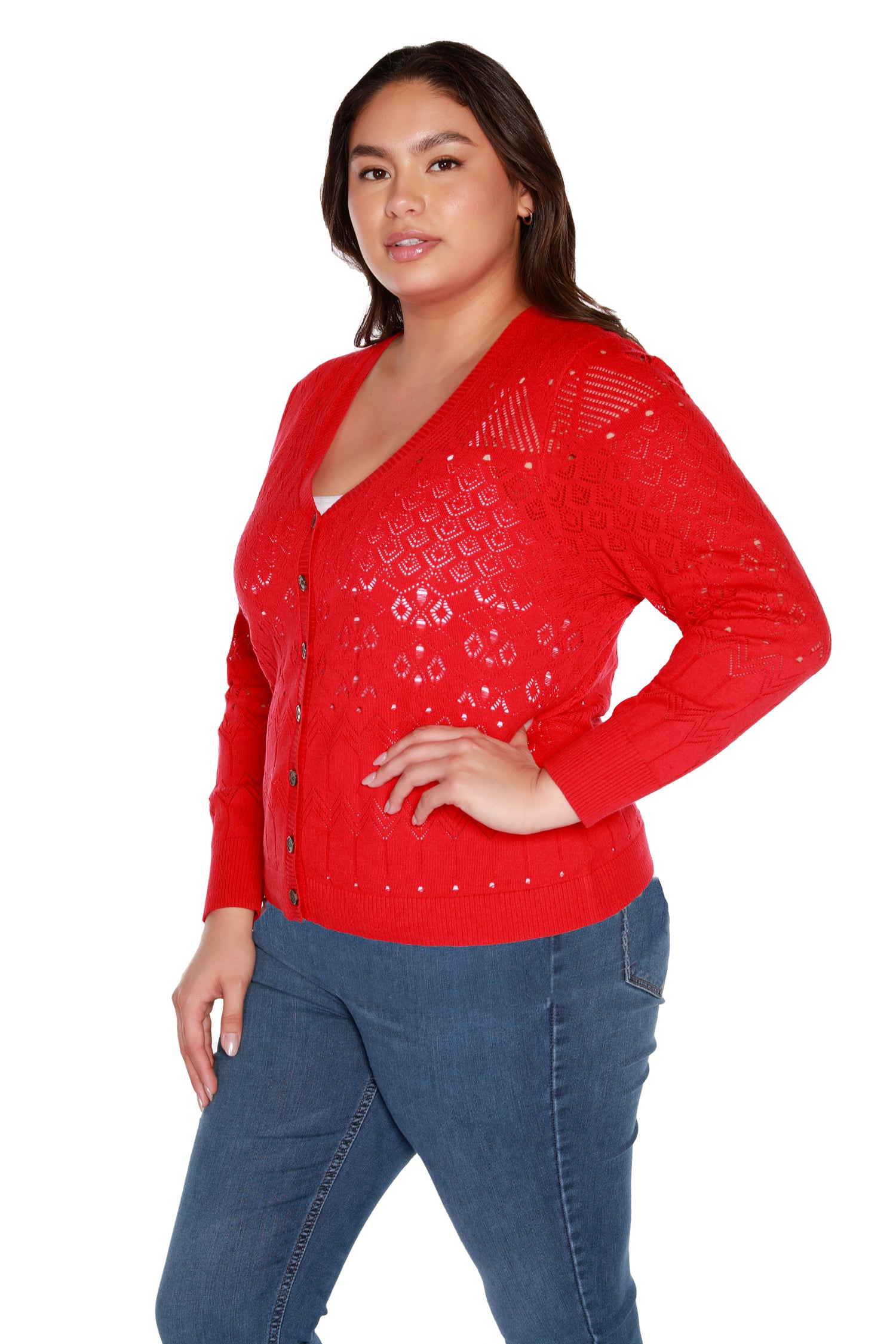 Women’s Button Front Pointelle Crochet Cardigan | Curvy