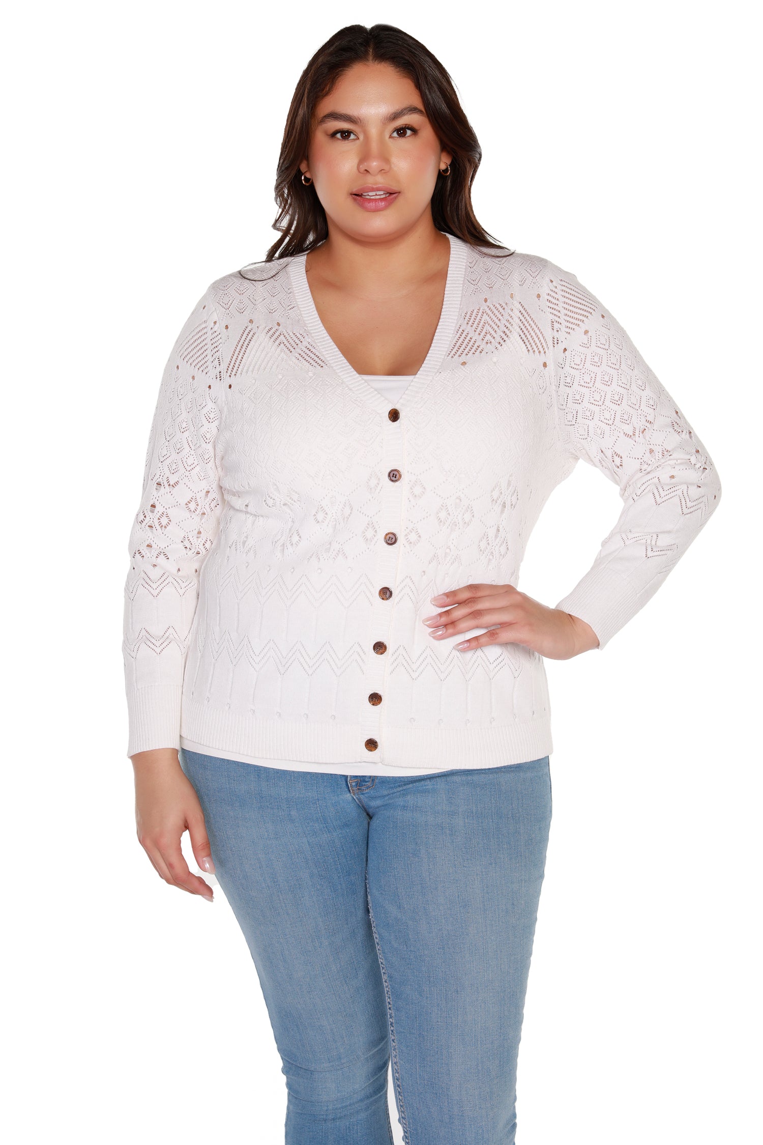 Women’s Button Front Pointelle Crochet Cardigan | Curvy