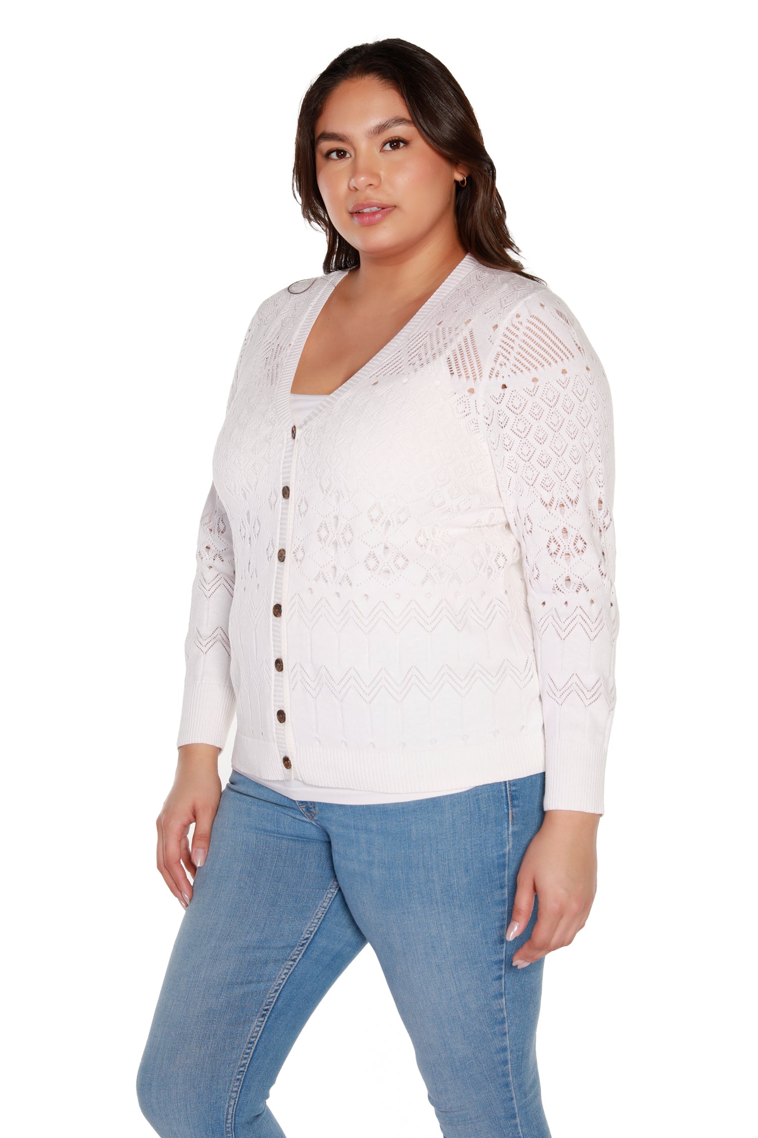 Women’s Button Front Pointelle Crochet Cardigan | Curvy