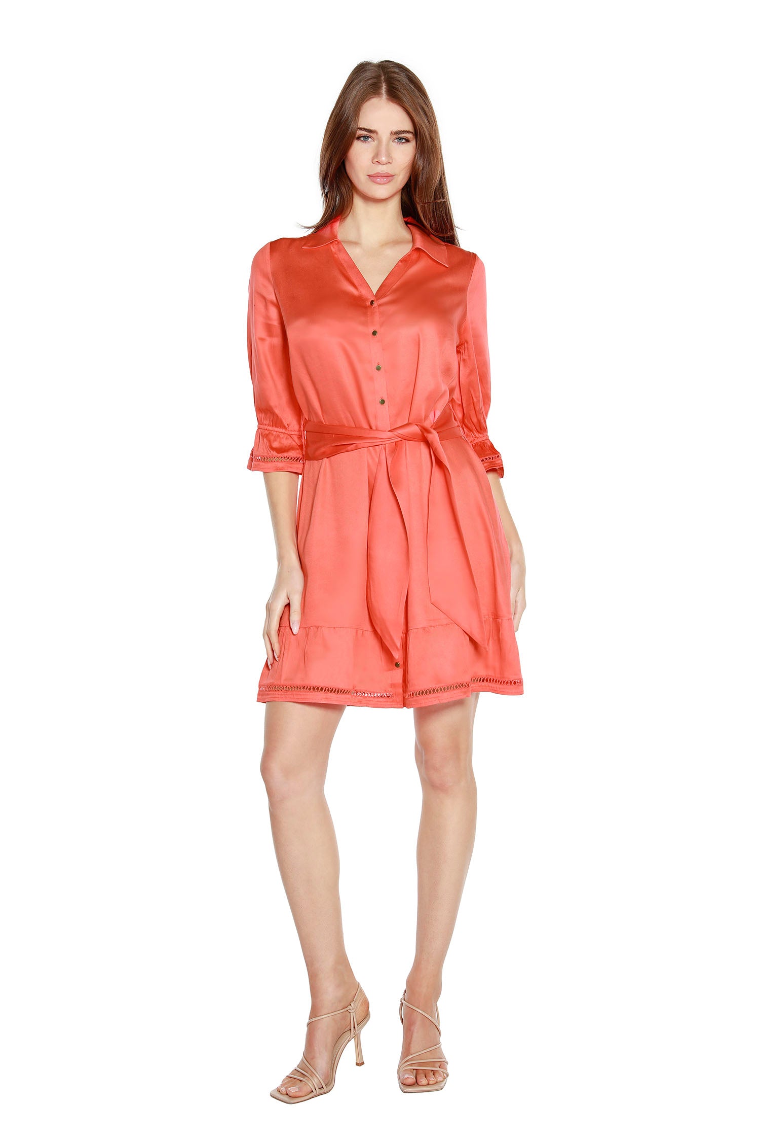 Women's Silky Rayon Button-Up Shirtdress with Ruffled Sleeves