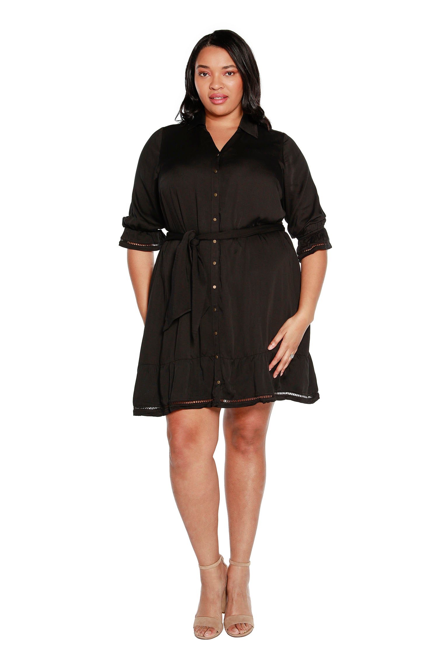 Women's Silky Rayon Button-Up Shirtdress with Ruffled Sleeves | Curvy