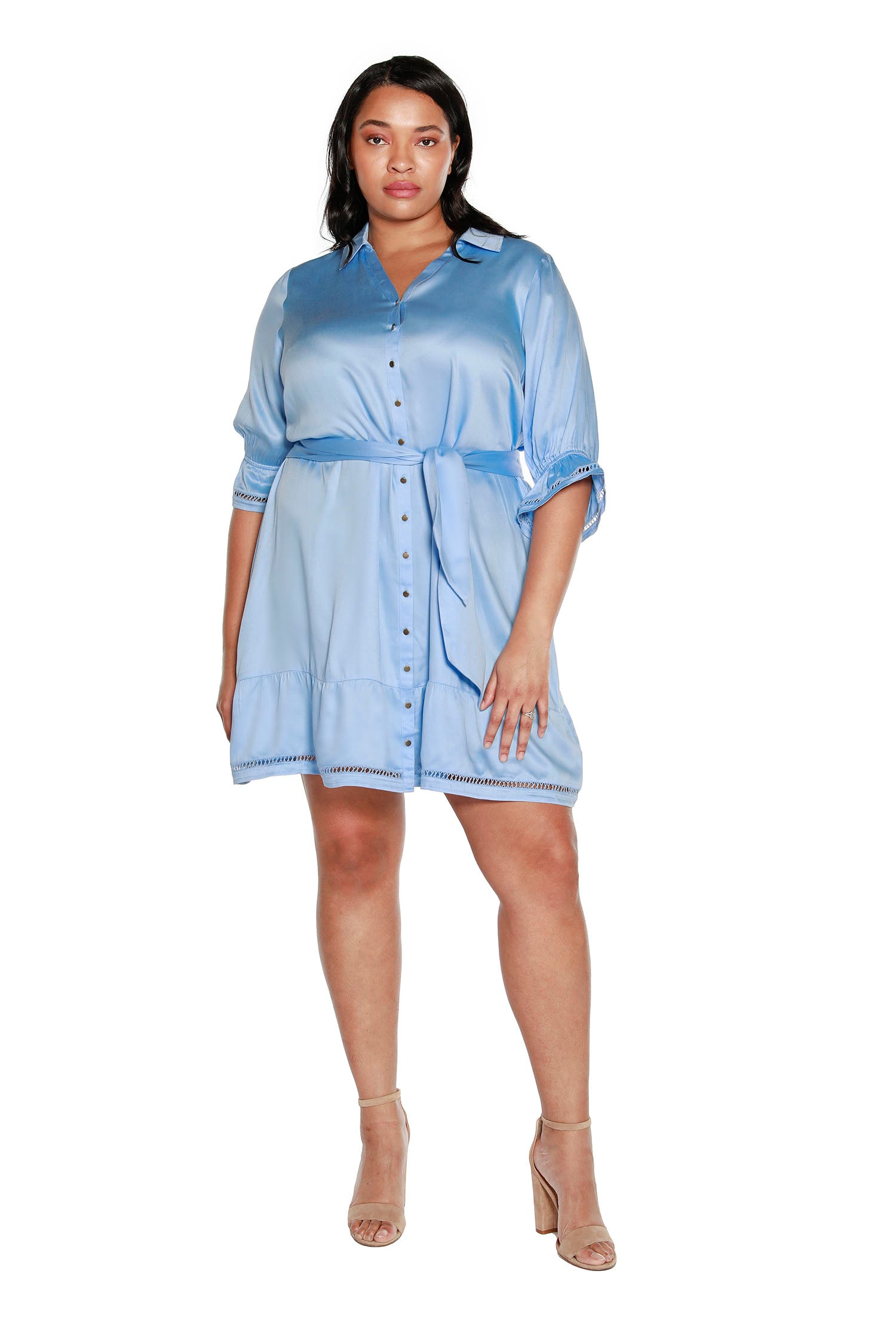 Women's Silky Rayon Button-Up Shirtdress with Ruffled Sleeves | Curvy