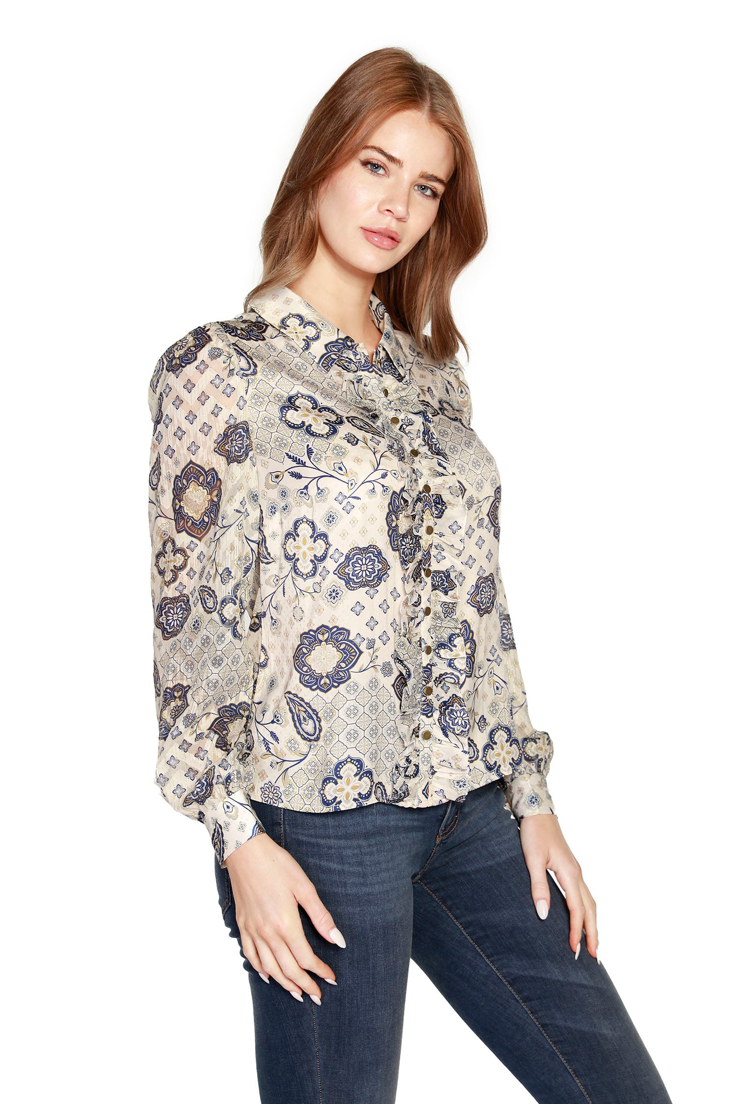 Women's Ruffled Button Front Blouse with Spread Collar | LAST CALL
