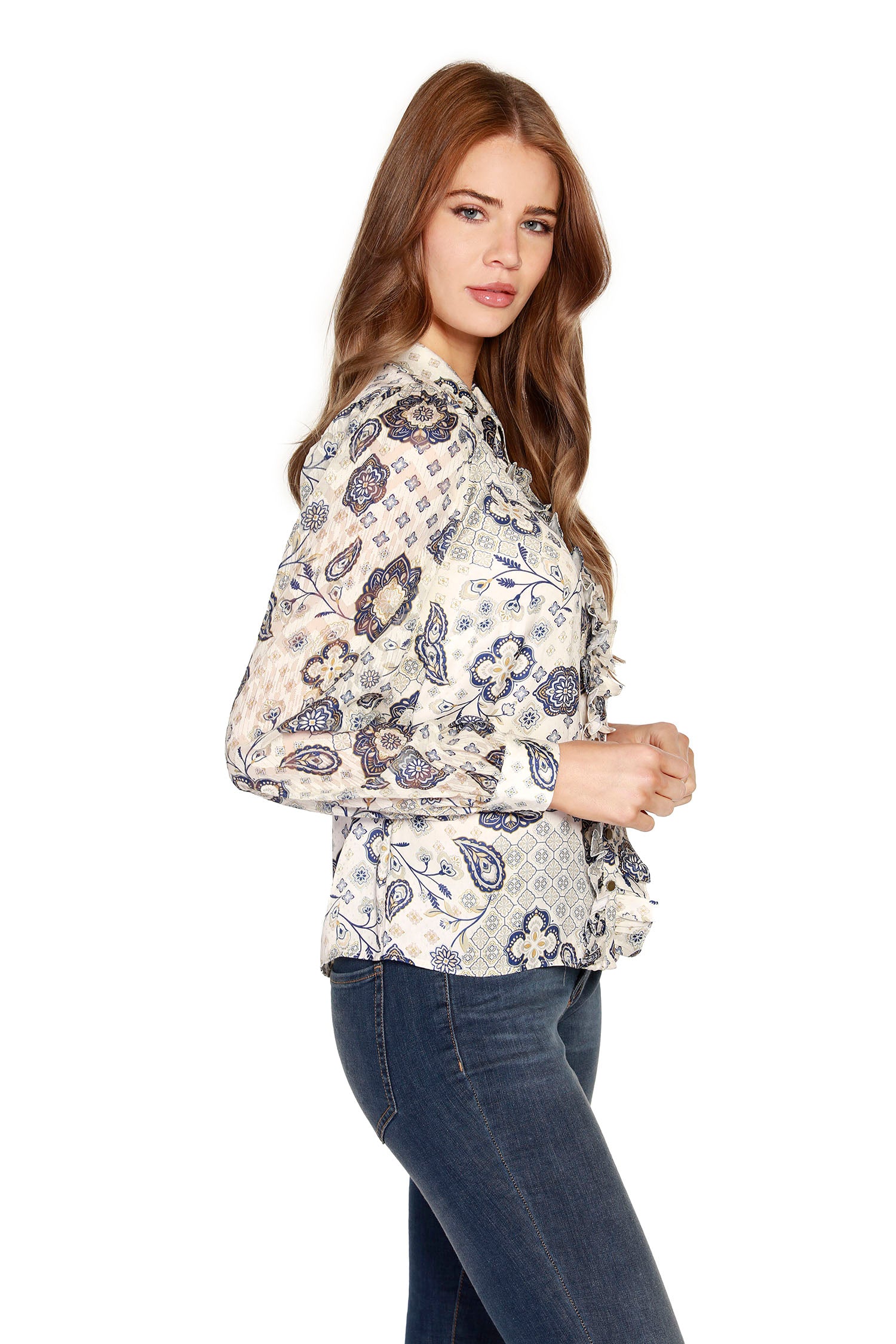 Women's Ruffled Button Front Blouse with Spread Collar | LAST CALL