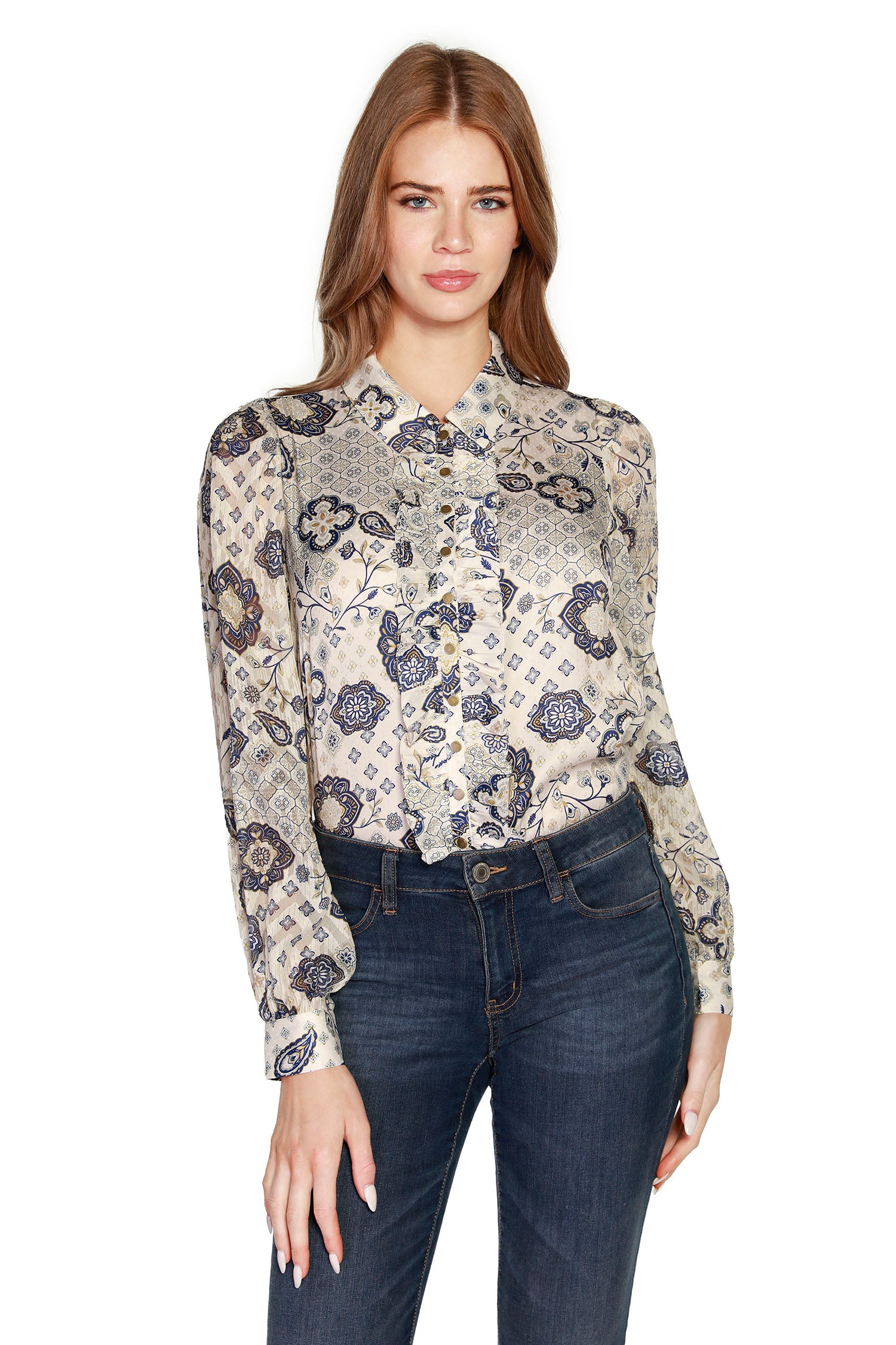 Women's Ruffled Button Front Blouse with Spread Collar | LAST CALL