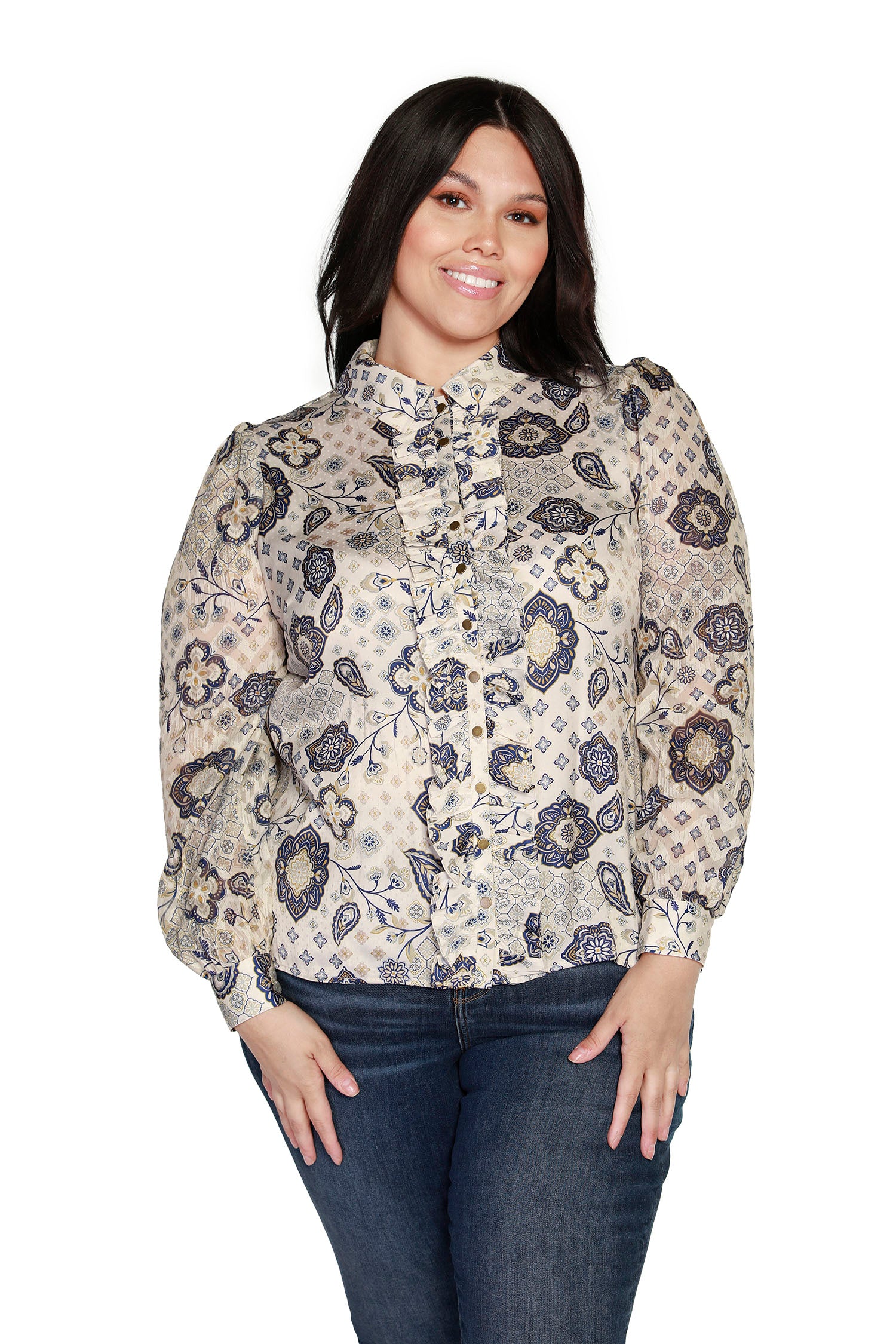 Women's Ruffled Button Front Blouse with Spread Collar | Curvy LAST CALL