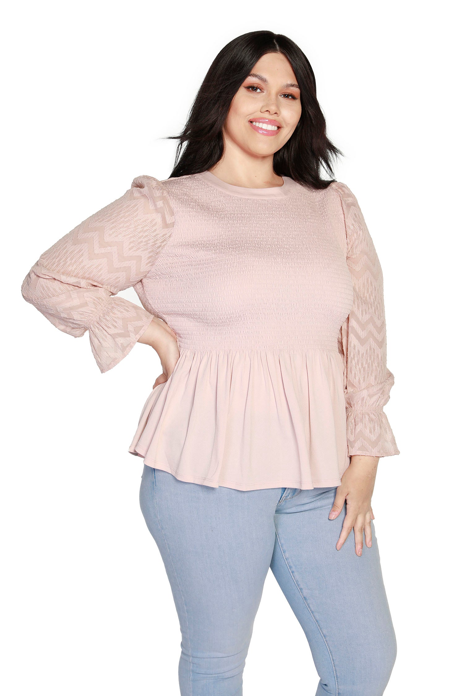 Women's Smocked Peplum Top in Zig Zag Chevron Chiffon with Lurex  | Curvy LAST CALL