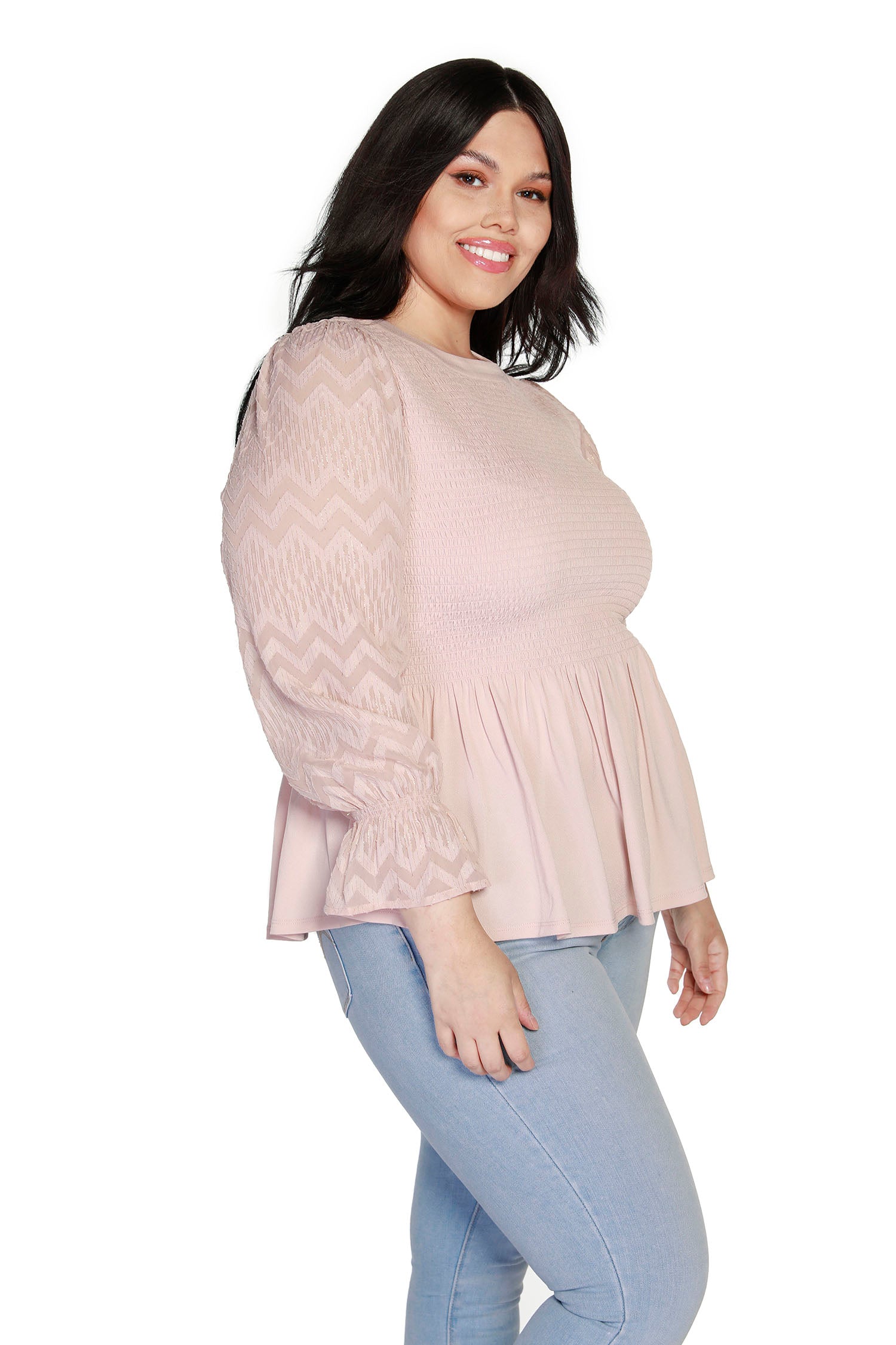 Women's Smocked Peplum Top in Zig Zag Chevron Chiffon with Lurex  | Curvy LAST CALL