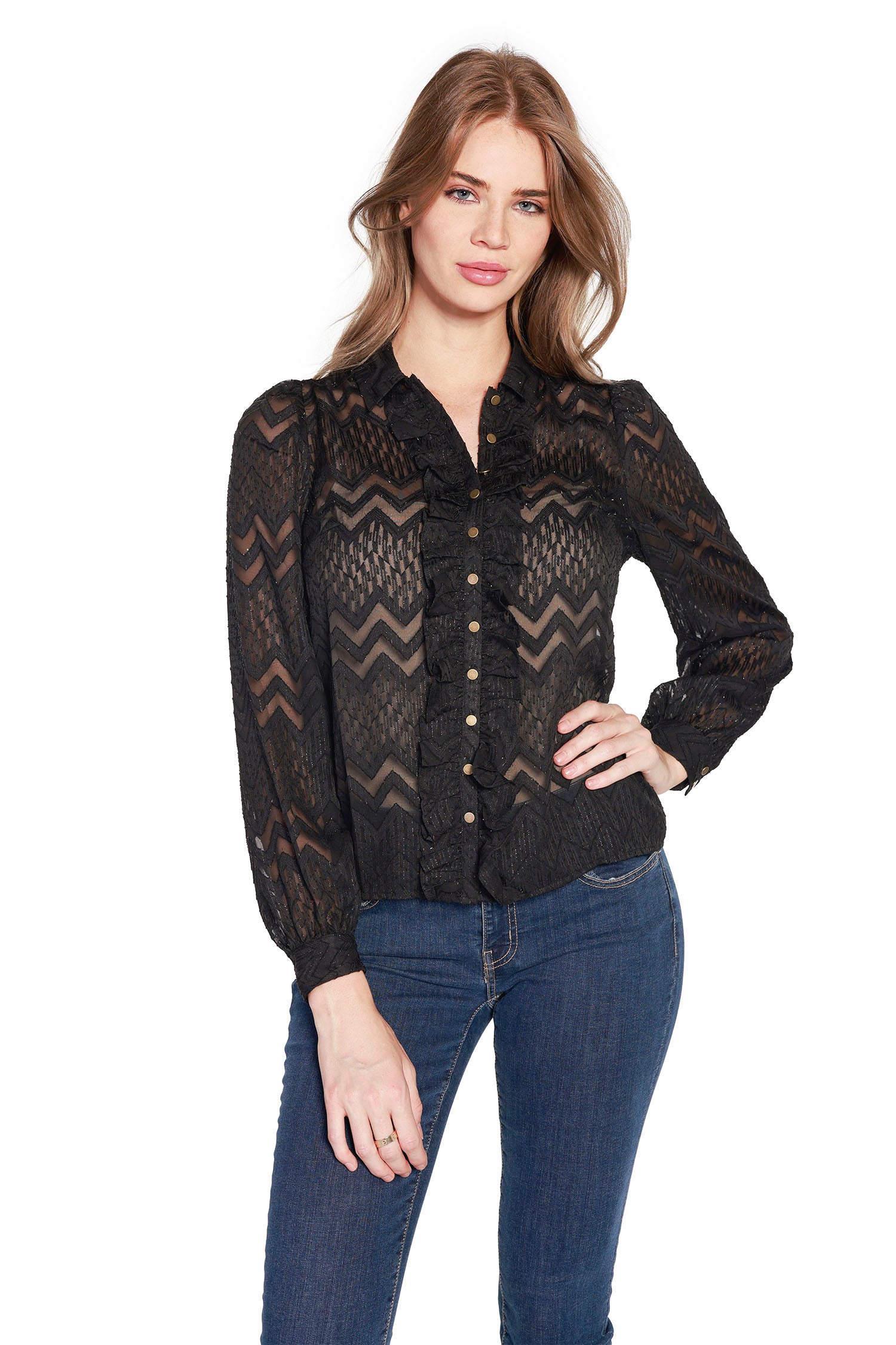 Women's Semi-Sheer Button Front Blouse in Chevron Chiffon | LAST CALL