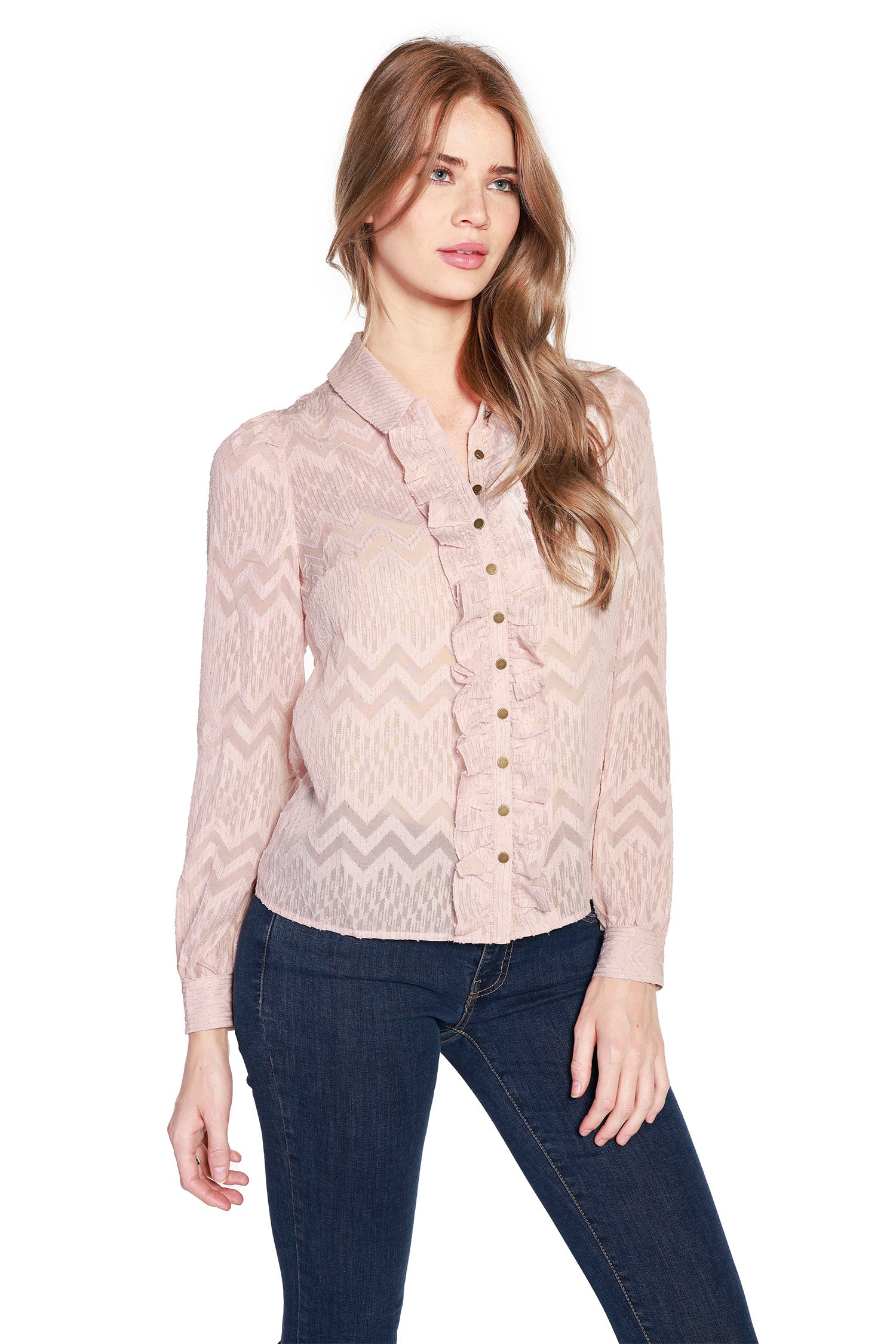 Women's Semi-Sheer Button Front Blouse in Chevron Chiffon | LAST CALL