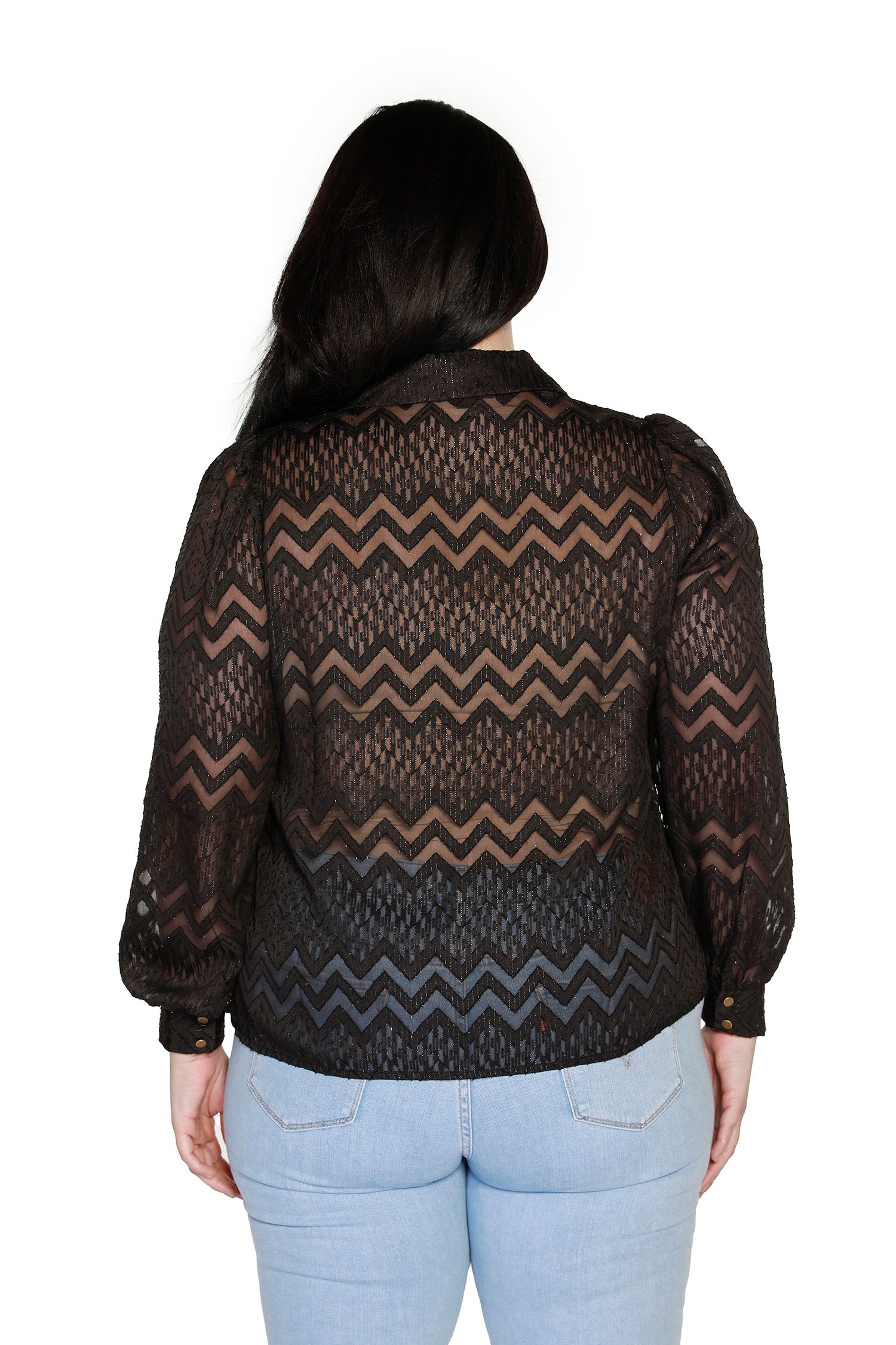 Women's Semi-Sheer Button Front Blouse in Chevron Chiffon | Curvy LAST CALL