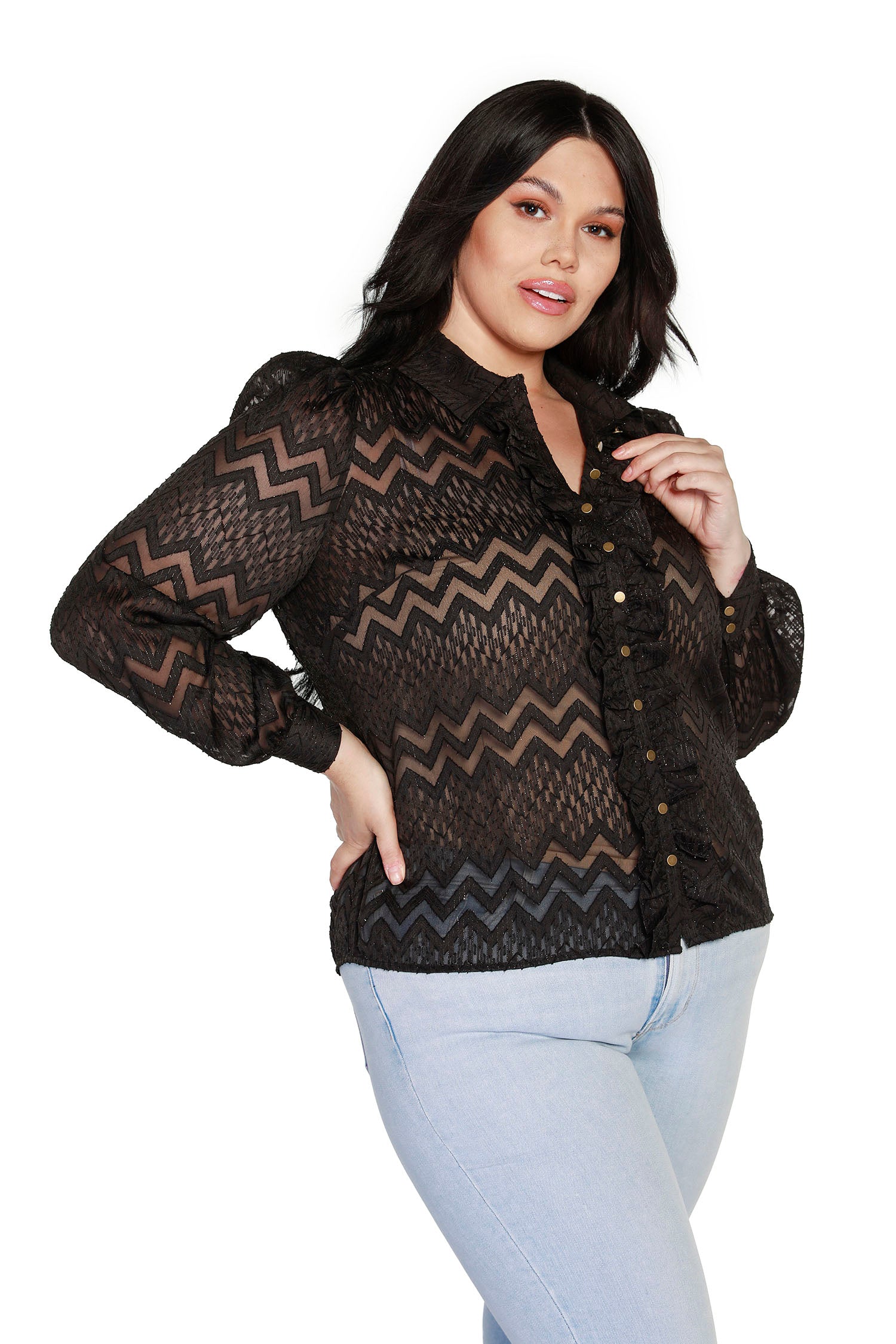 Women's Semi-Sheer Button Front Blouse in Chevron Chiffon | Curvy LAST CALL
