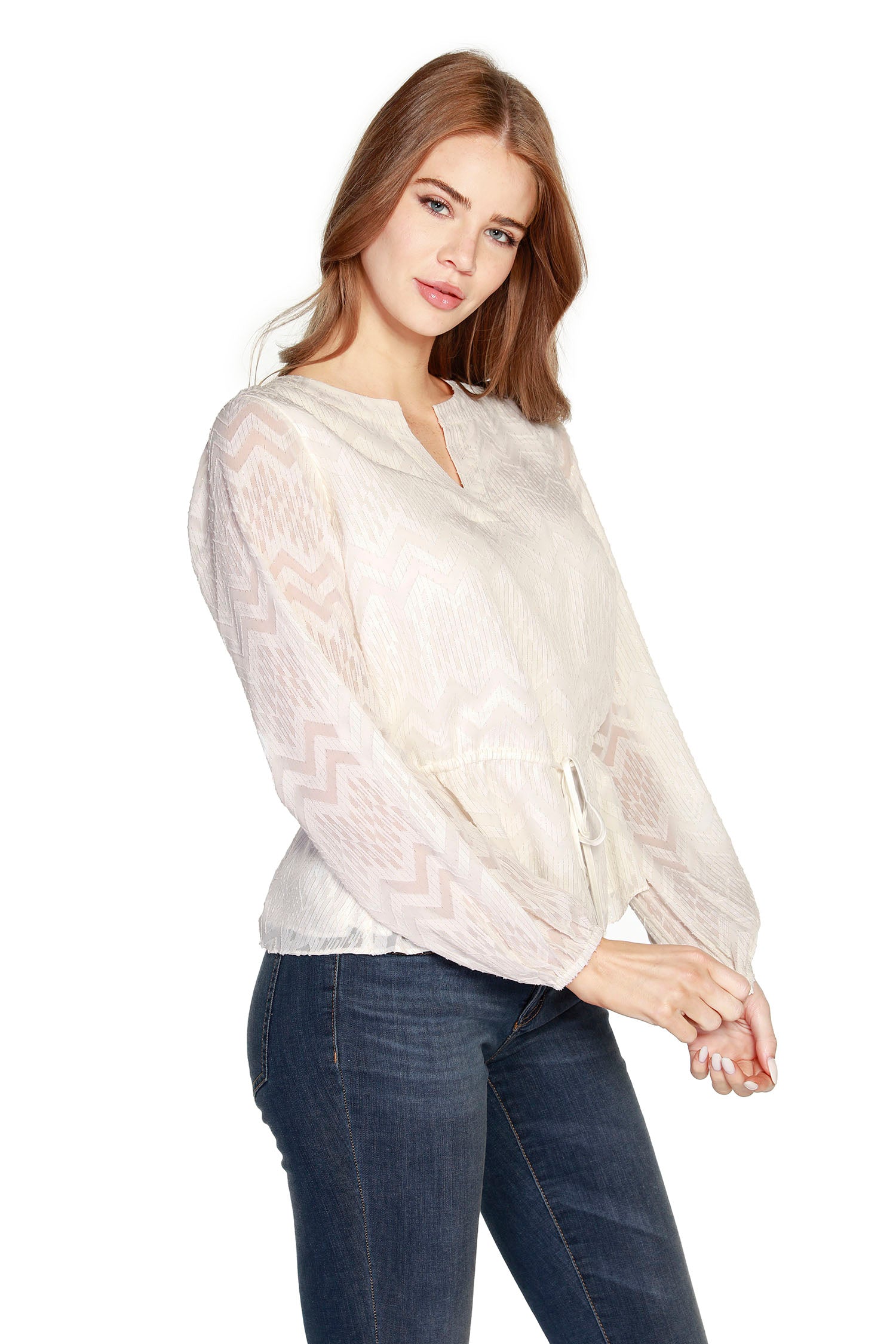 Women's Drawstring Peplum Chevron Chiffon Top | LAST CALL