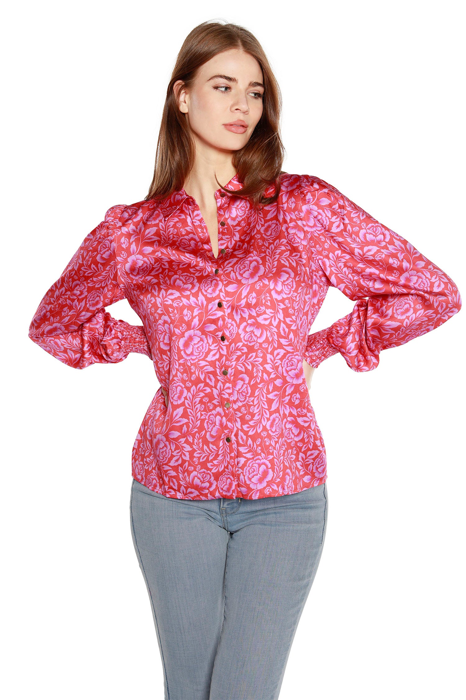 Women’s Floral Printed Button Front Shirt with Bishop Sleeves