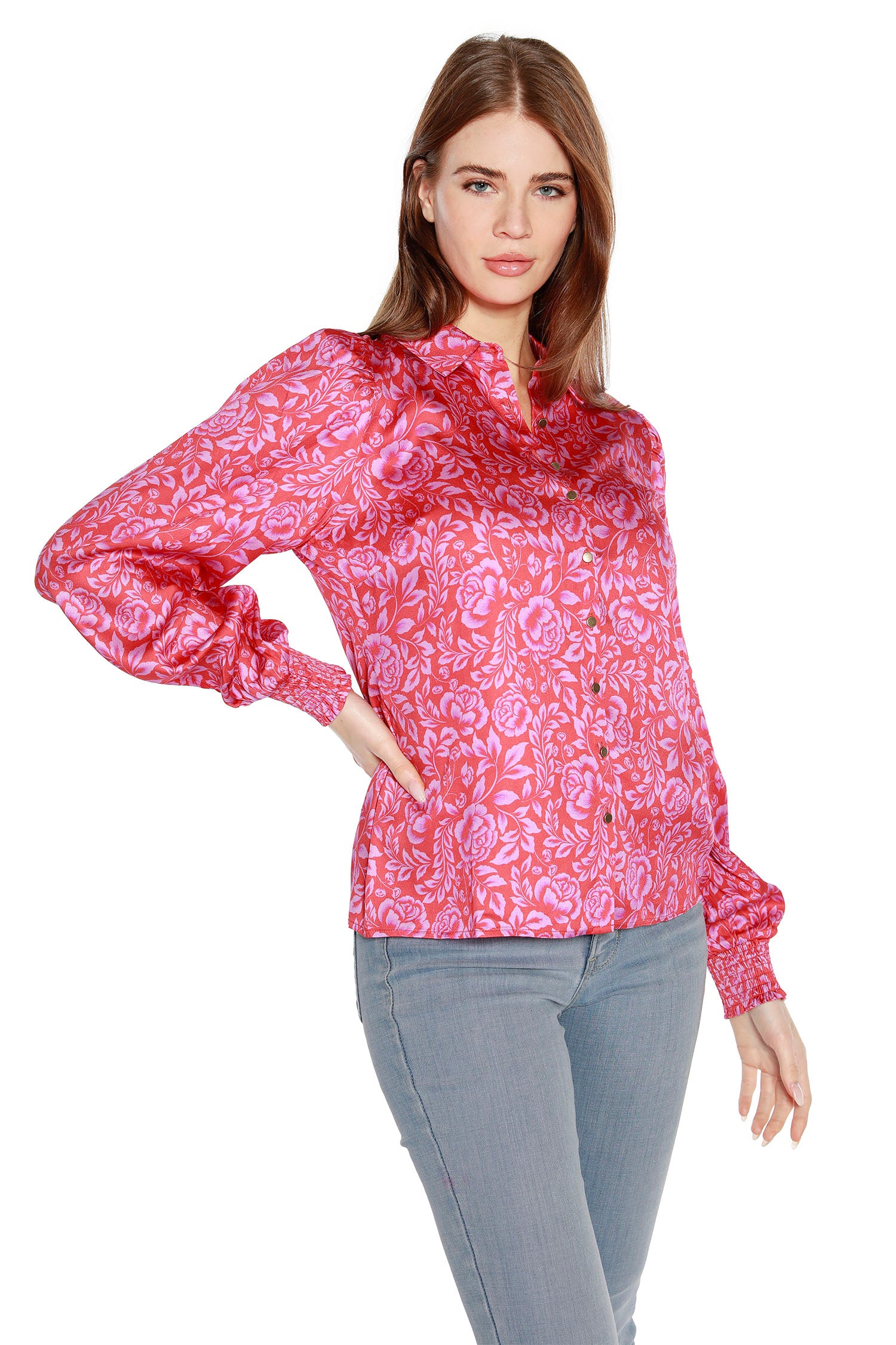 Women’s Floral Printed Button Front Shirt with Bishop Sleeves