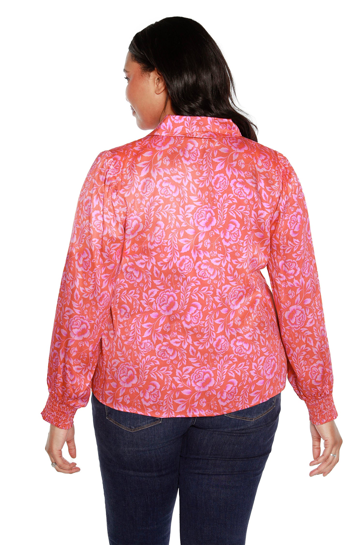Women’s Floral Printed Button Front Shirt with Bishop Sleeves | Curvy