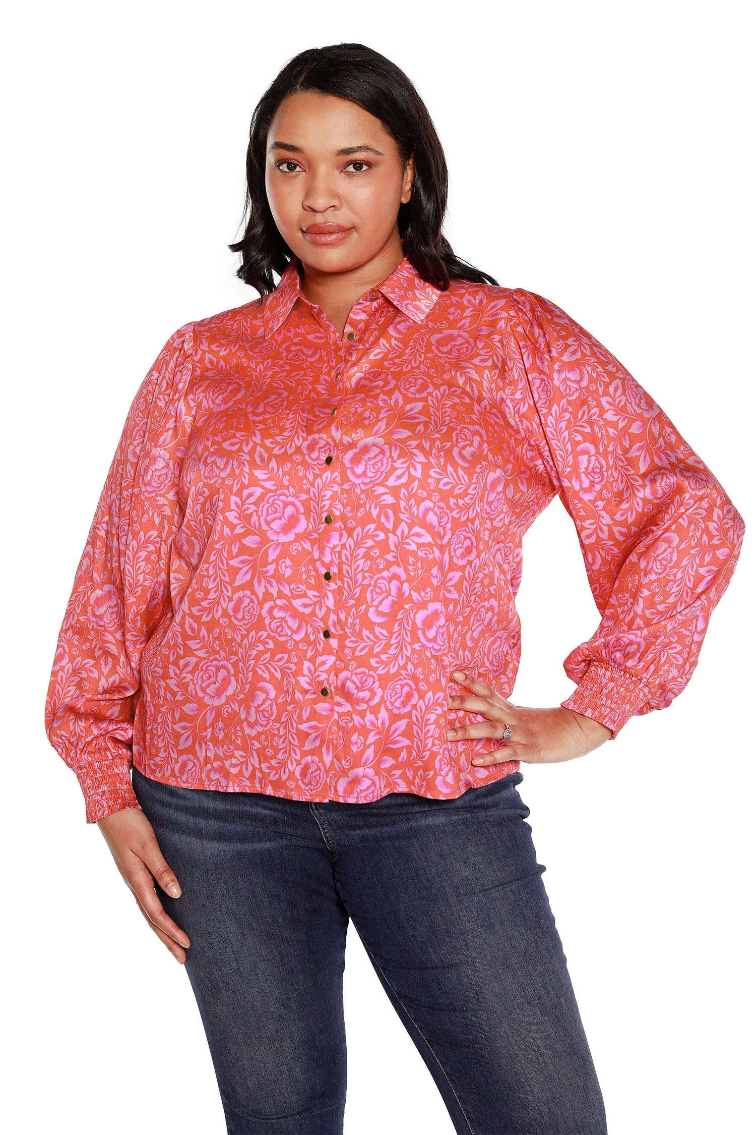 Women’s Floral Printed Button Front Shirt with Bishop Sleeves | Curvy
