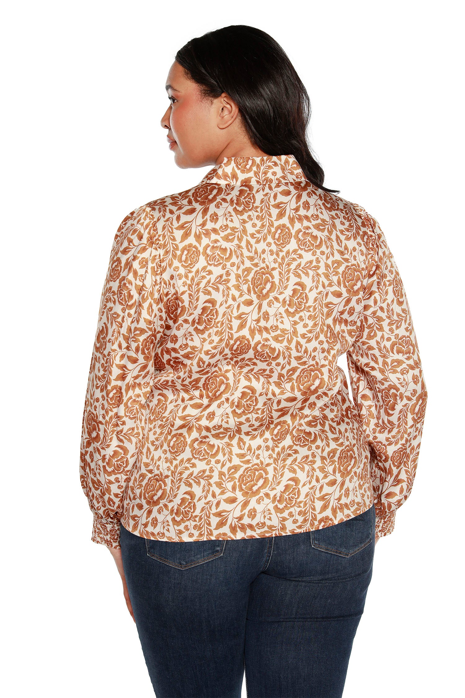 Women’s Floral Printed Button Front Shirt with Bishop Sleeves | Curvy