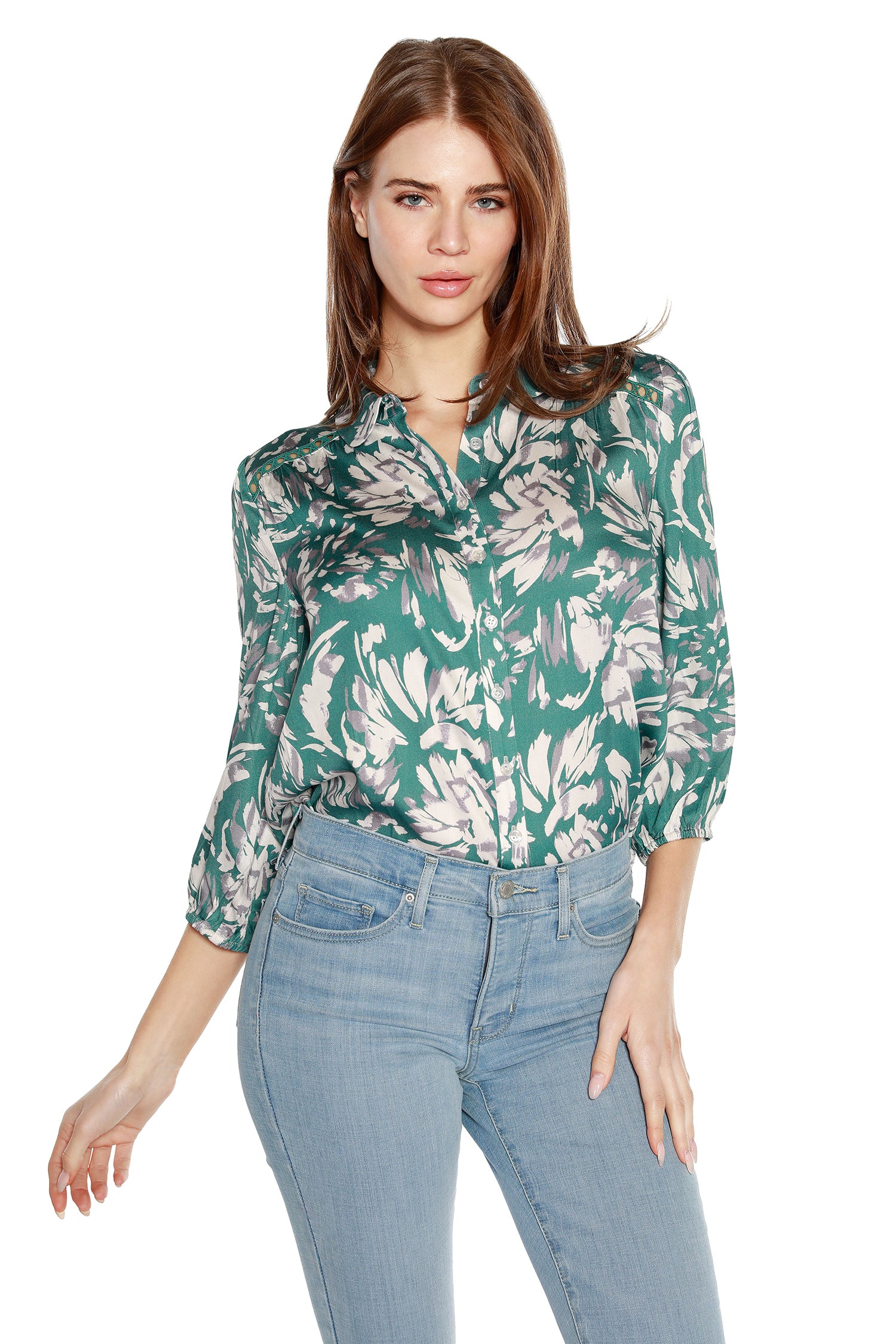 Women’s Floral Button Up Blouse with Collar and 3/4 Sleeves