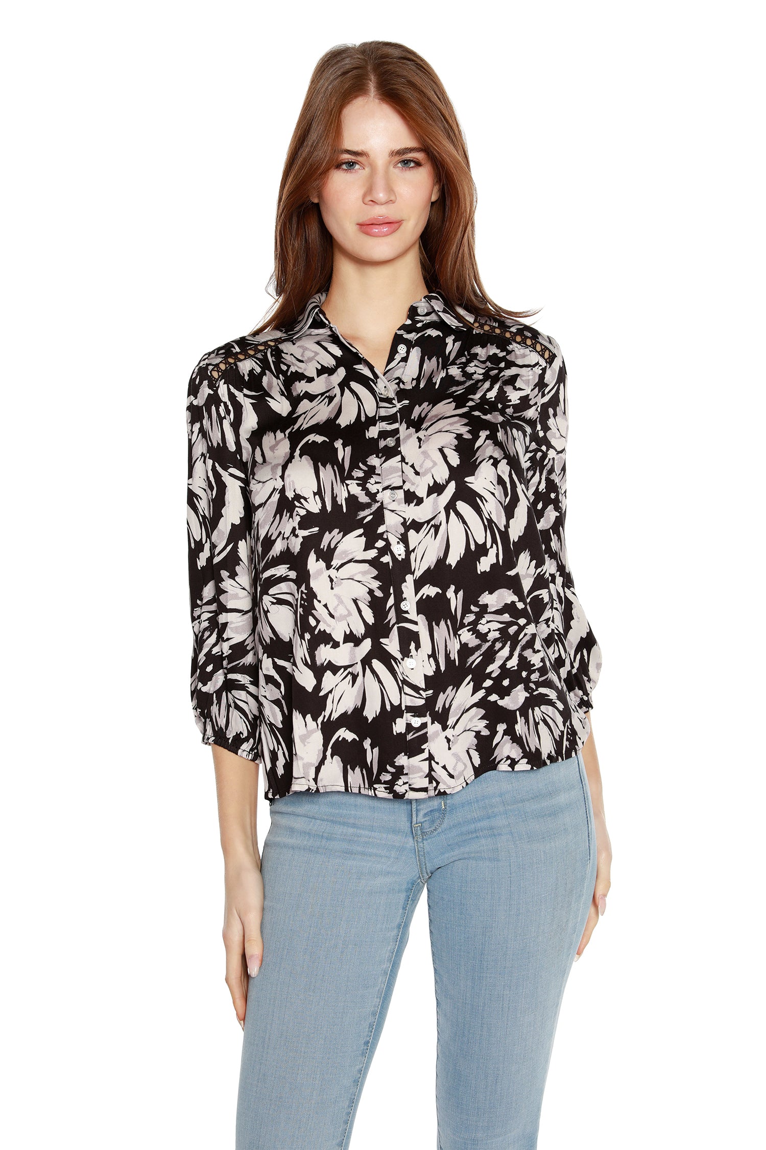 Women’s Floral Button Up Blouse with Collar and 3/4 Sleeves