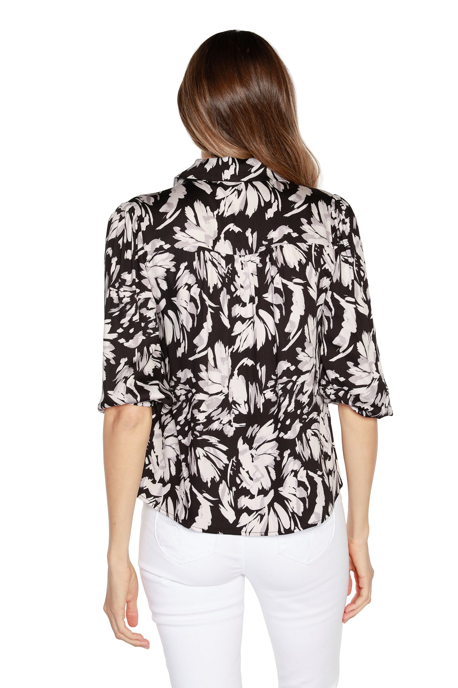 Women’s Floral Button Up Blouse with Collar and 3/4 Sleeves