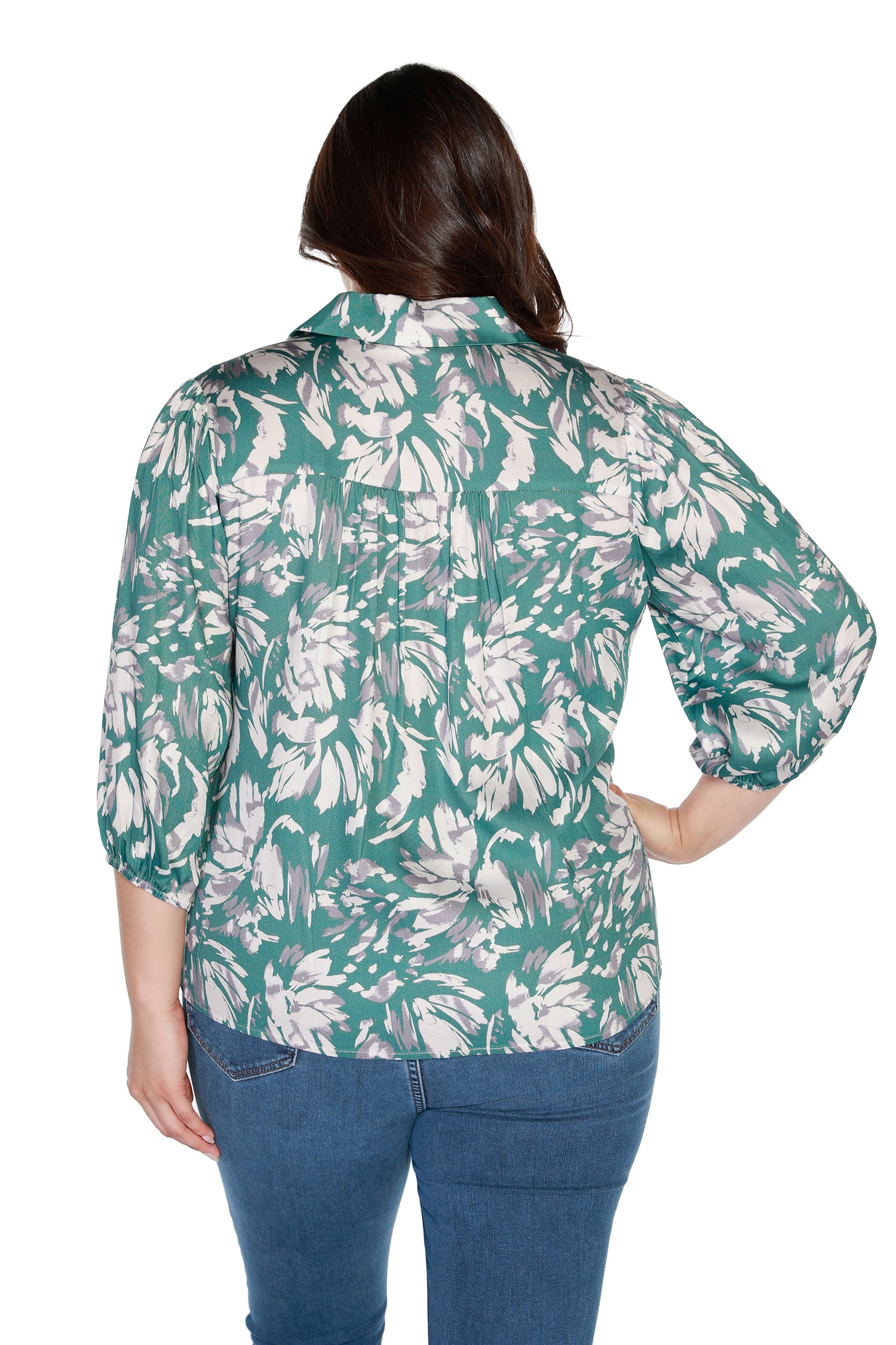 Women’s Floral Button Up Blouse with Collar and 3/4 Sleeves | Curvy
