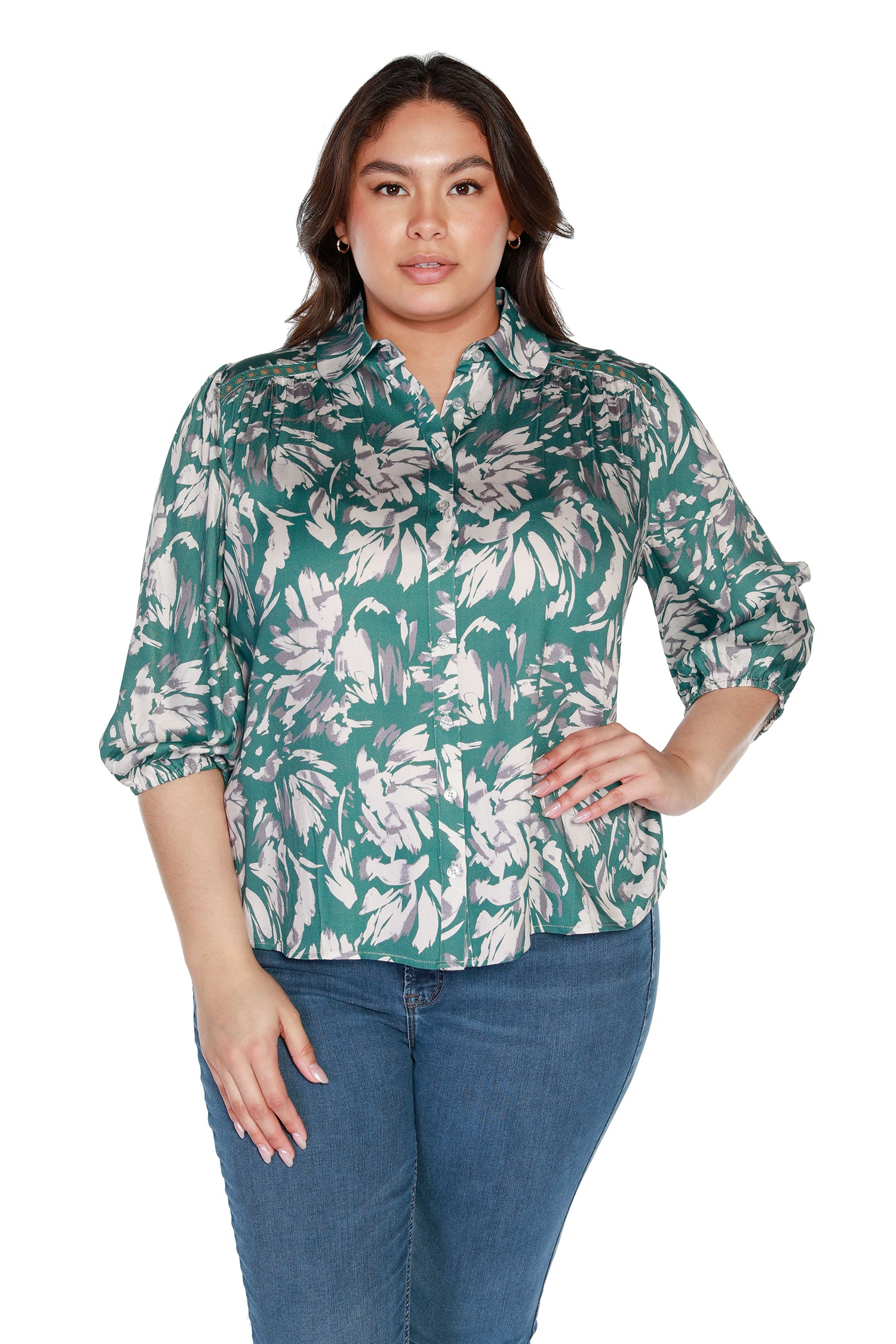 Women’s Floral Button Up Blouse with Collar and 3/4 Sleeves | Curvy