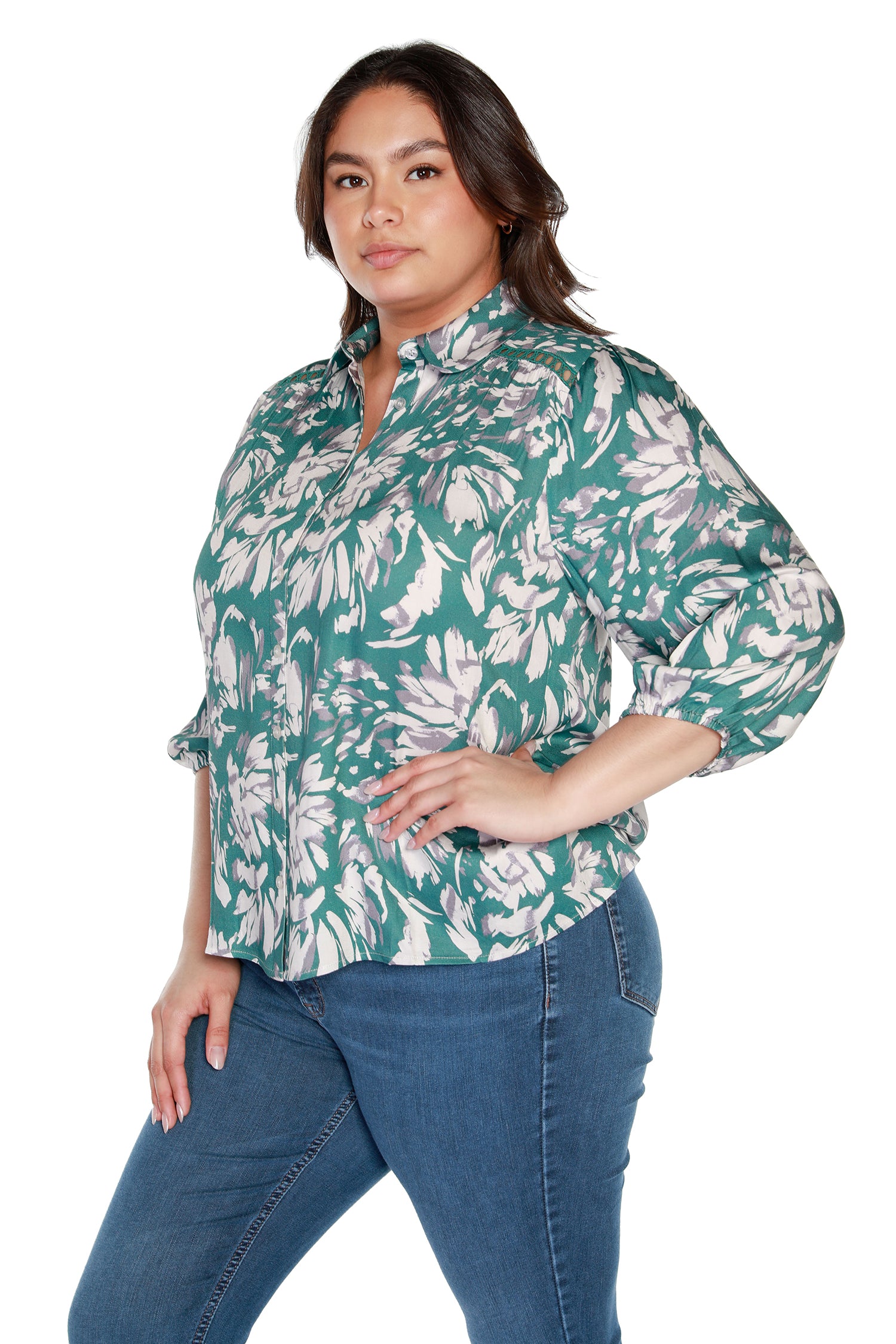 Women’s Floral Button Up Blouse with Collar and 3/4 Sleeves | Curvy
