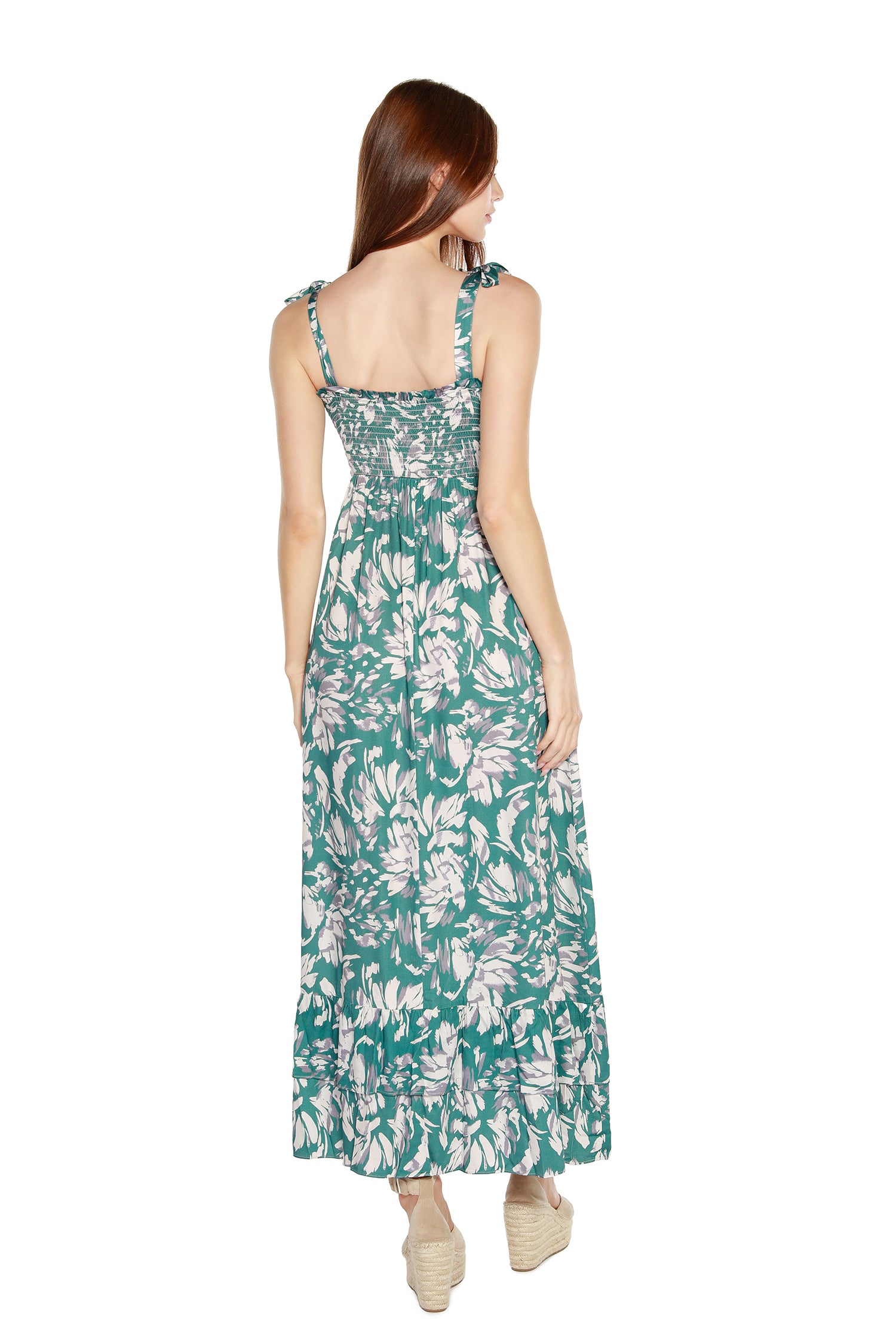 Women’s Floral Maxi Dress with Tie Straps and Hem Ruffles