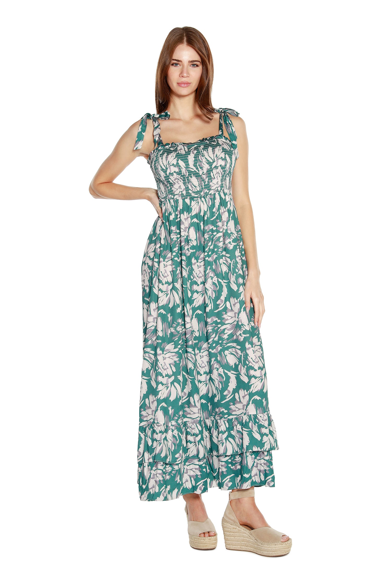 Women’s Floral Maxi Dress with Tie Straps and Hem Ruffles