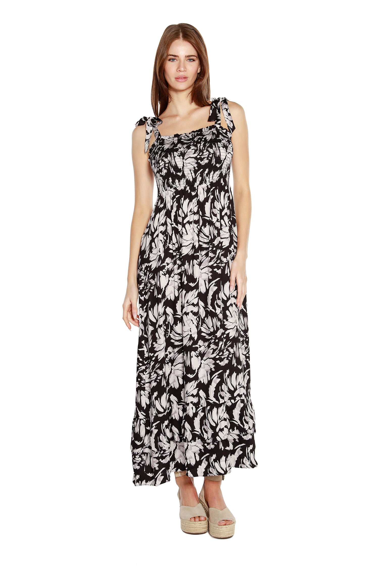 Women’s Floral Maxi Dress with Tie Straps and Hem Ruffles