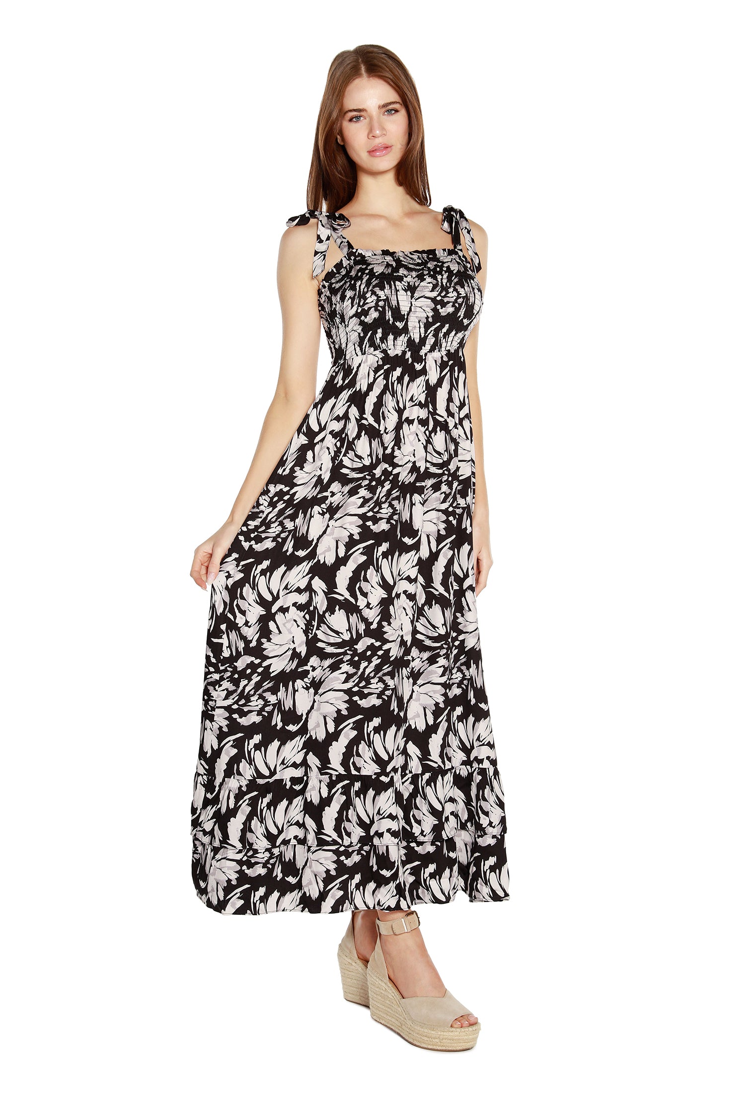 Women’s Floral Maxi Dress with Tie Straps and Hem Ruffles