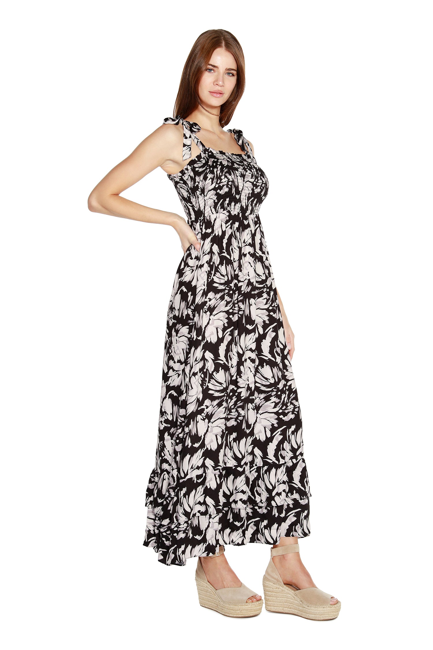 Women’s Floral Maxi Dress with Tie Straps and Hem Ruffles